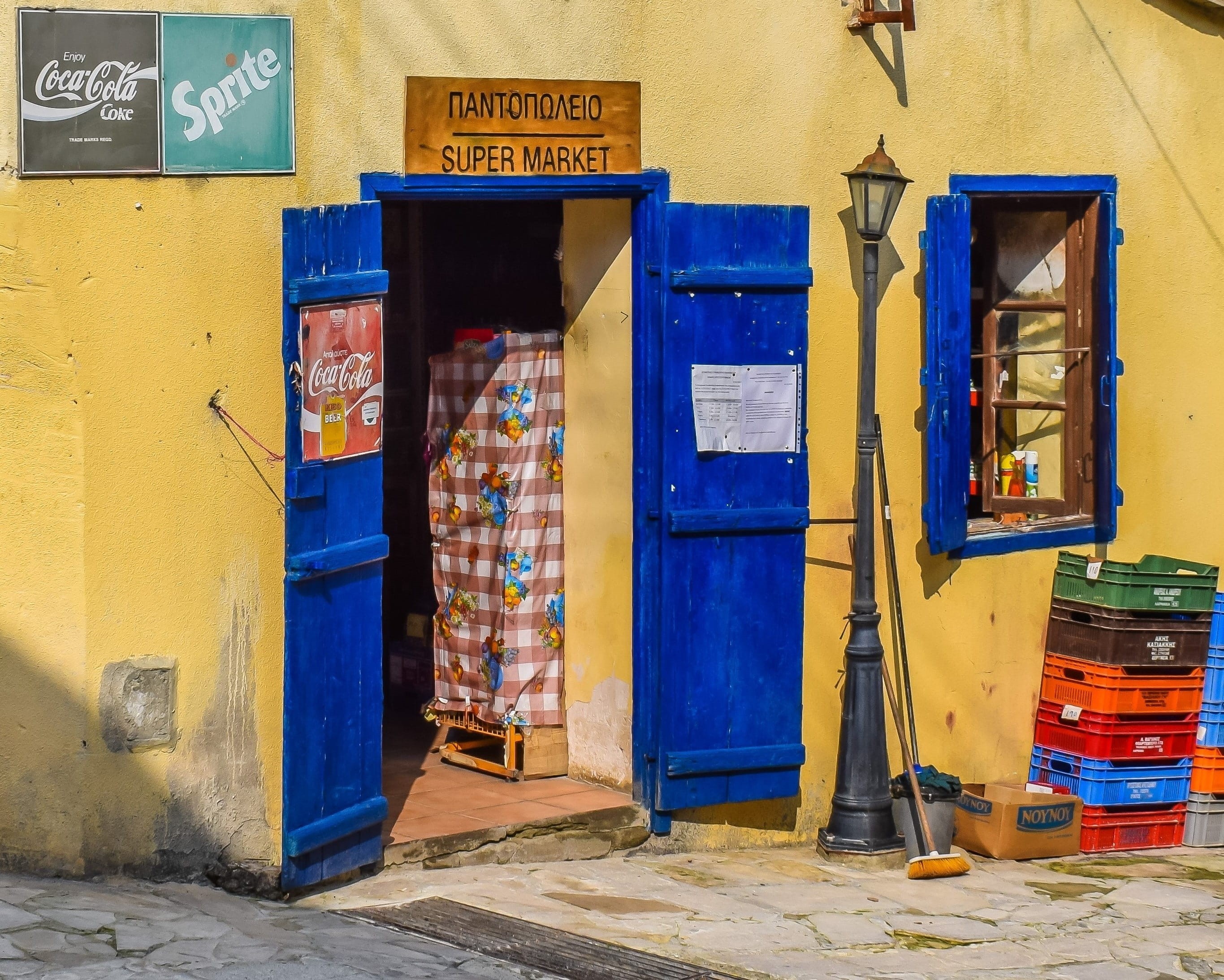 village, blue, old, built structure, telephone booth, cyprus, 2K, day, outdoors, door, storefront, graffiti, communication, architecture, building exterior, HD Wallpaper