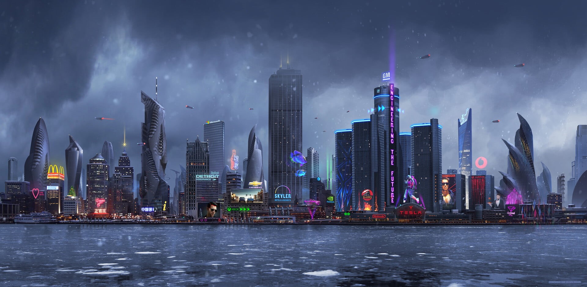 water, McDonalds, cyberpunk, overcast, city, cityscape, skyscraper, DominiqueVanVelsen, flying car, Detroit, 1080P, Terminator, HD Wallpaper