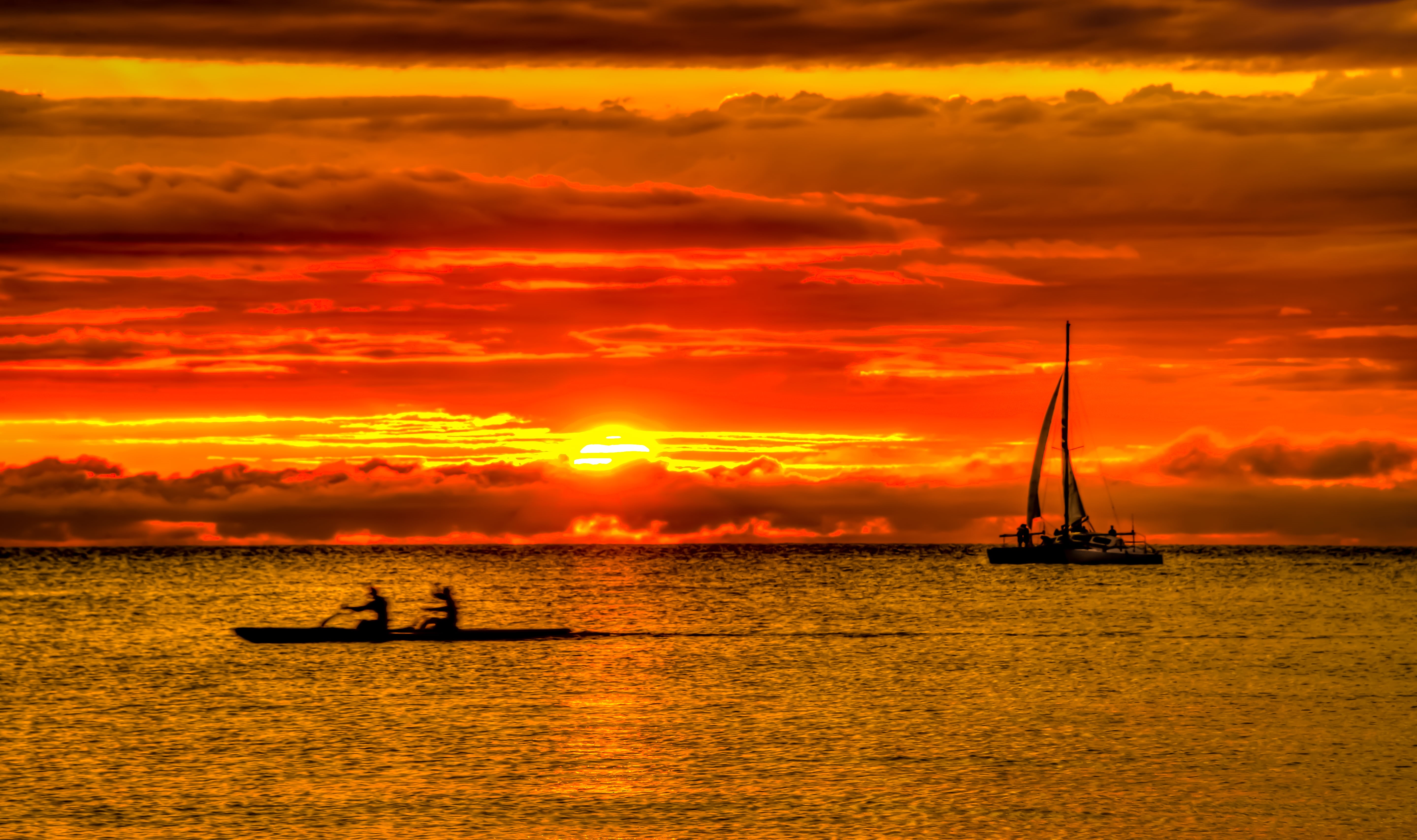 nature, sky, tropical, haleiwa  hawaii, nikon  nikkor, beach, water, boat rowing, hawaiian  island, ocean, silhouette, sunset, travel, boat, orange Color, HD Wallpaper