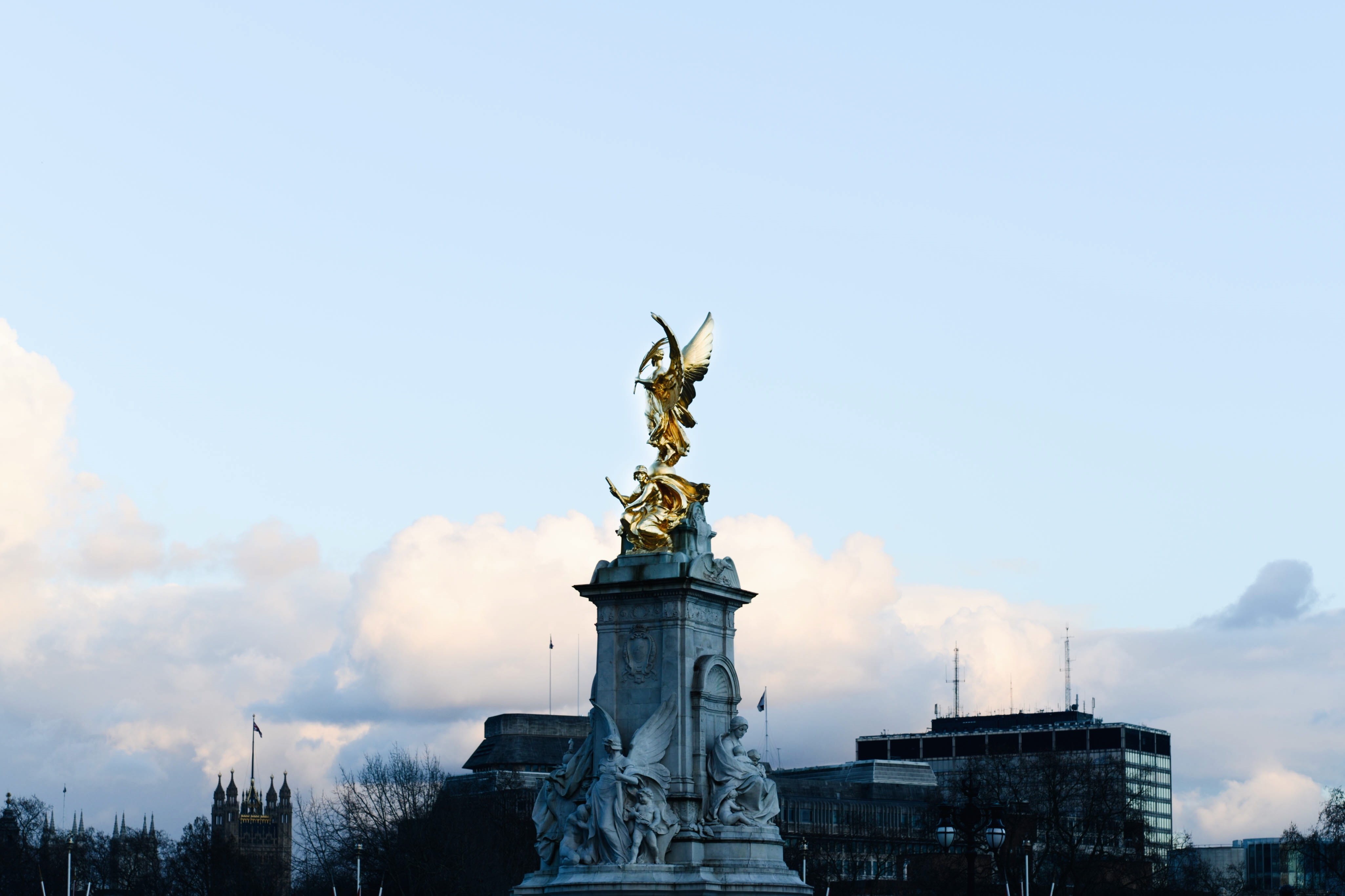 london, sky, memorial, monument, human representation, angel, gold, england, photography, building exterior, streets, statue, travel destinations, history, HD Wallpaper
