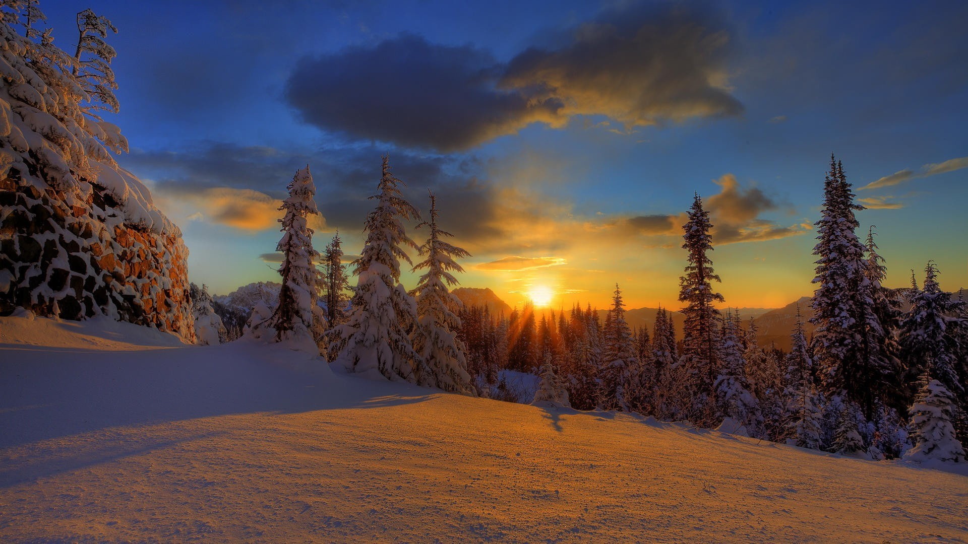 trees, clouds, 1080P, snow, evening, polar night, Finland, winter, nature, sunlight, HD Wallpaper