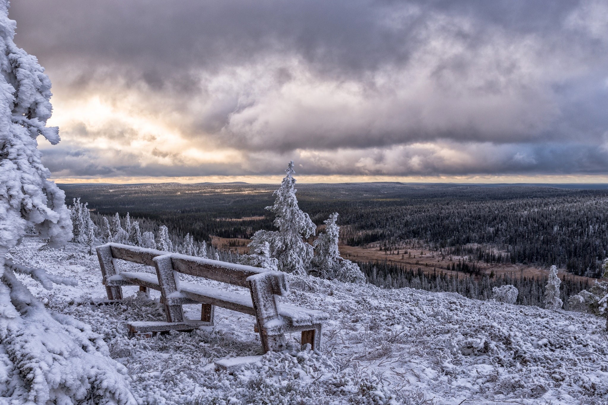 tranquility, tranquil scene, sky, Sun, frozen, bench, no people, snow, outdoors, nature, built structure, forest, 1080P, cold temperature, winter, clouds, HD Wallpaper