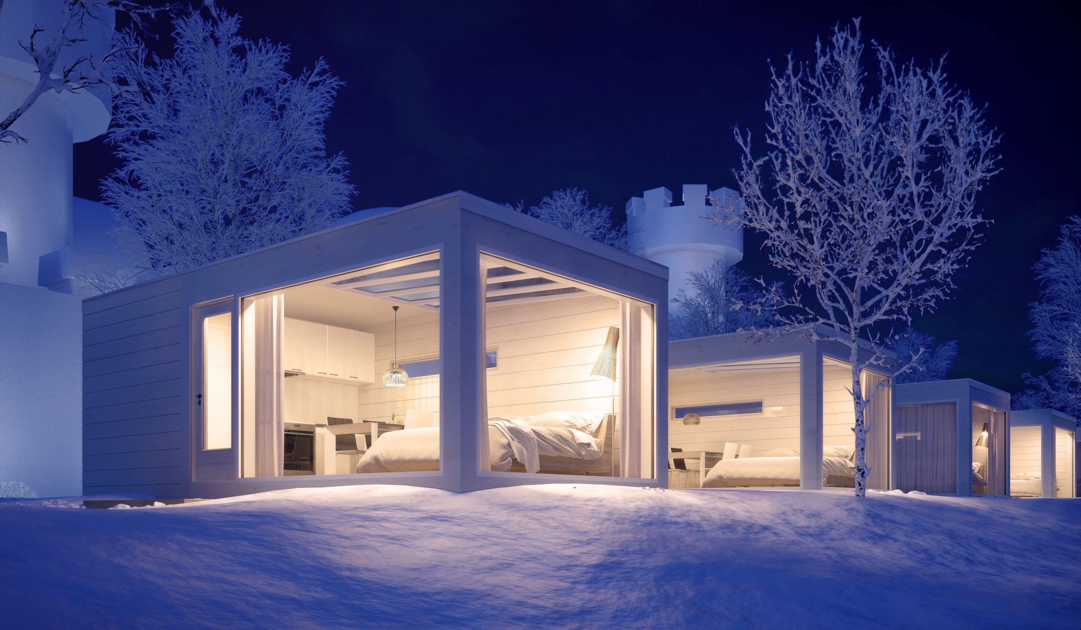 house, dusk, illuminated, Lapland, plant, residential district, cabin, landscape, blue, tower, 2K, hotel, built structure, no people, winter, snow, outdoors, HD Wallpaper