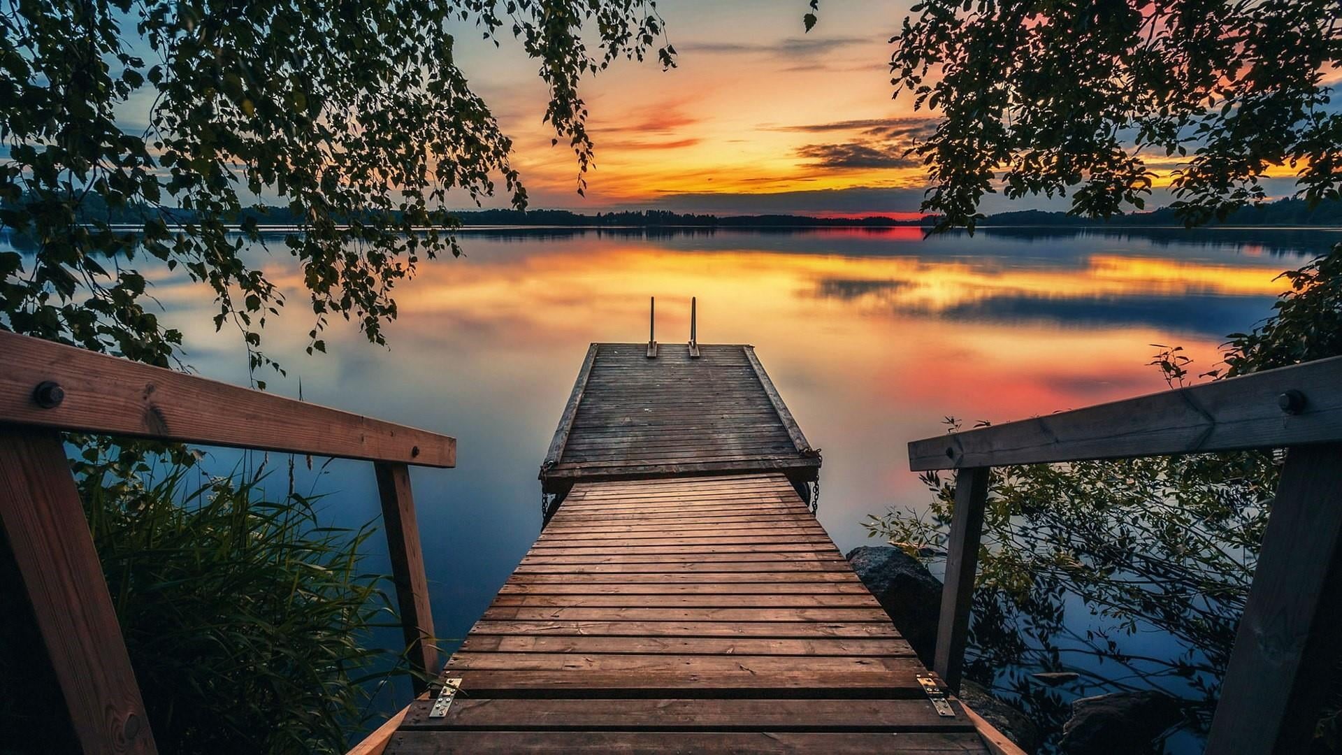 beauty in nature, tranquility, dock, tree, water, 1080P, scenics - nature, orange color, lake, tranquil scene, dusk, reflection, cloud - sky, europe, no people, HD Wallpaper