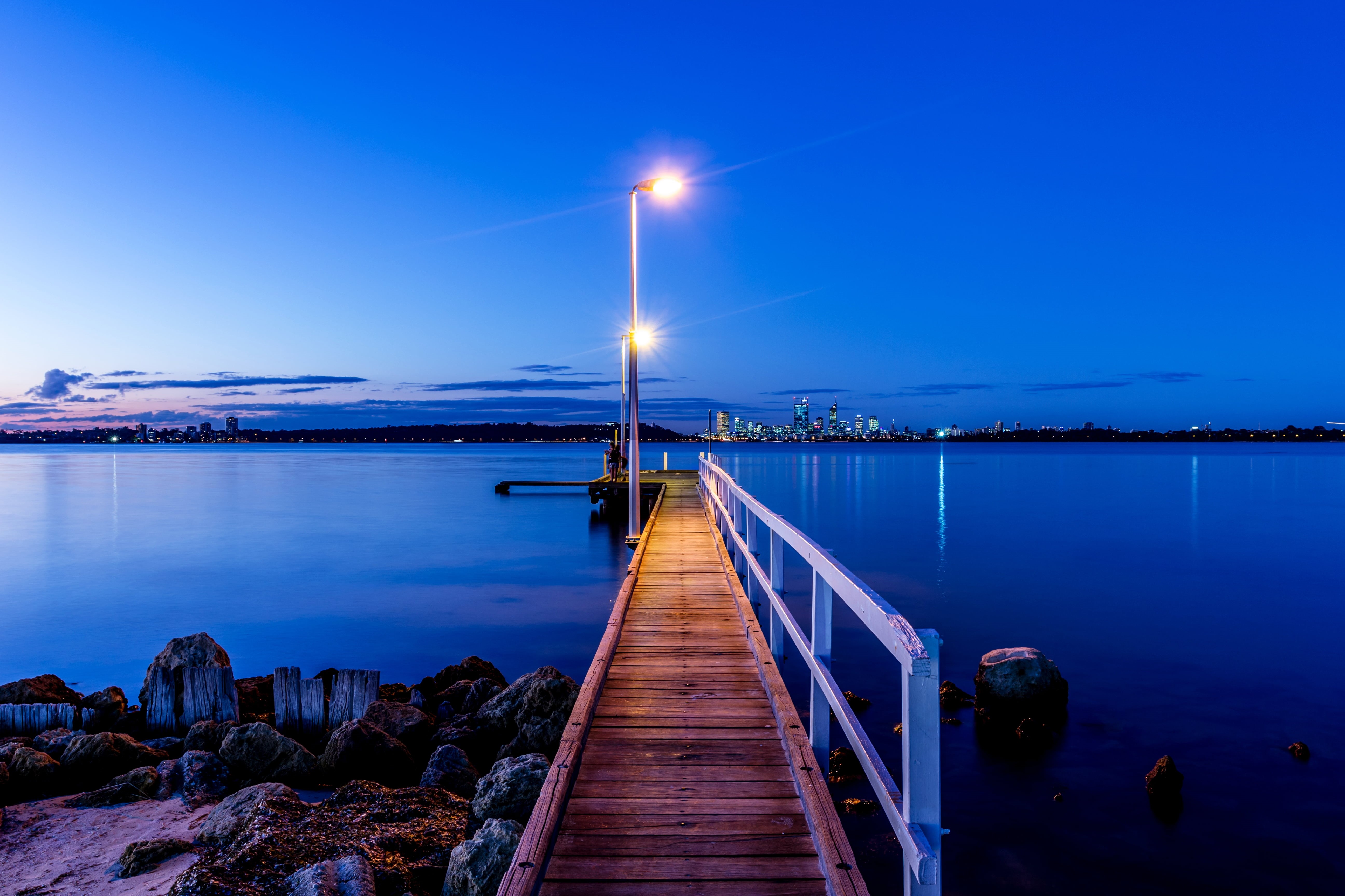 pier, night, harbor, board walk, Swan River, Jetty, lake, Long Exposure, 4L, White Balance, Rocks, Kiss, Peaceful, City  View, Clouds, sky, outdoors, sea, HD Wallpaper