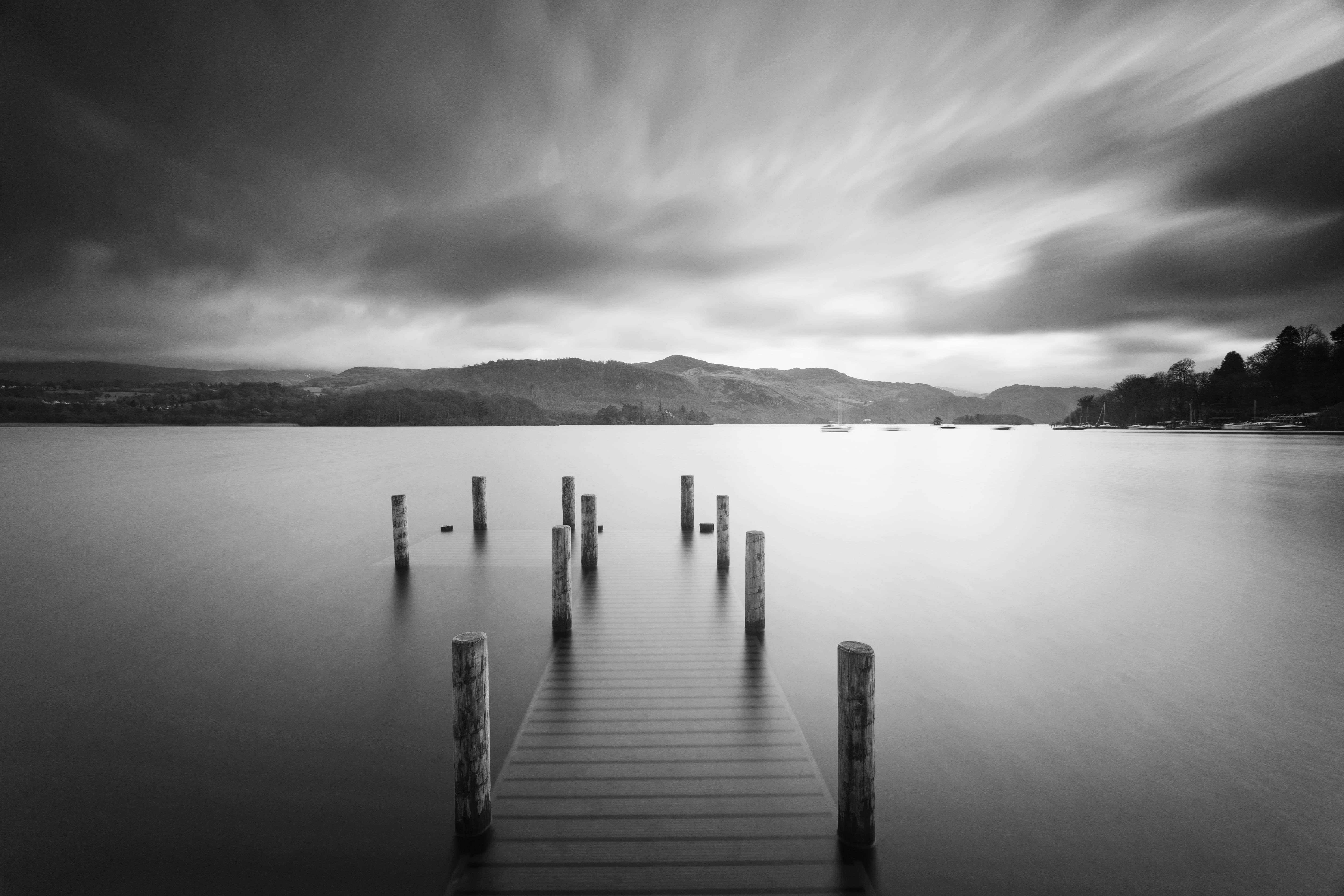5K, postprocessing, scenics, blackandwhite, lake, tranquil Scene, views, lake  district, fullframe, sunset, dock, grayscale, photoplus, II, outdoors, trees, HD Wallpaper