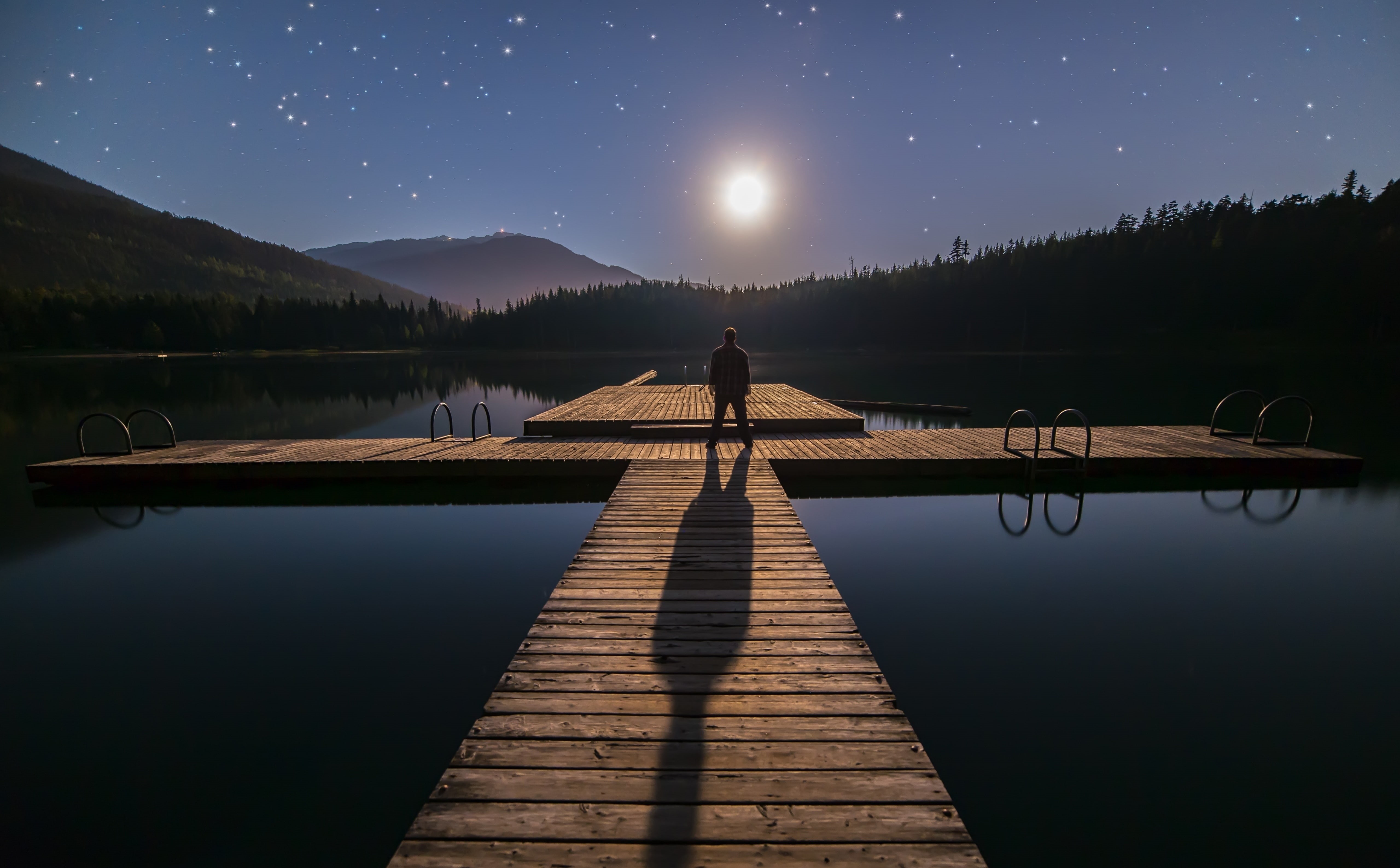Dock, Evening, wood - material, Majestic, Mountain, Nature, twinkle, one person, Male, Travel, Canada, lostlake, Scenic, Alone, leisure, person, astronomy, HD Wallpaper