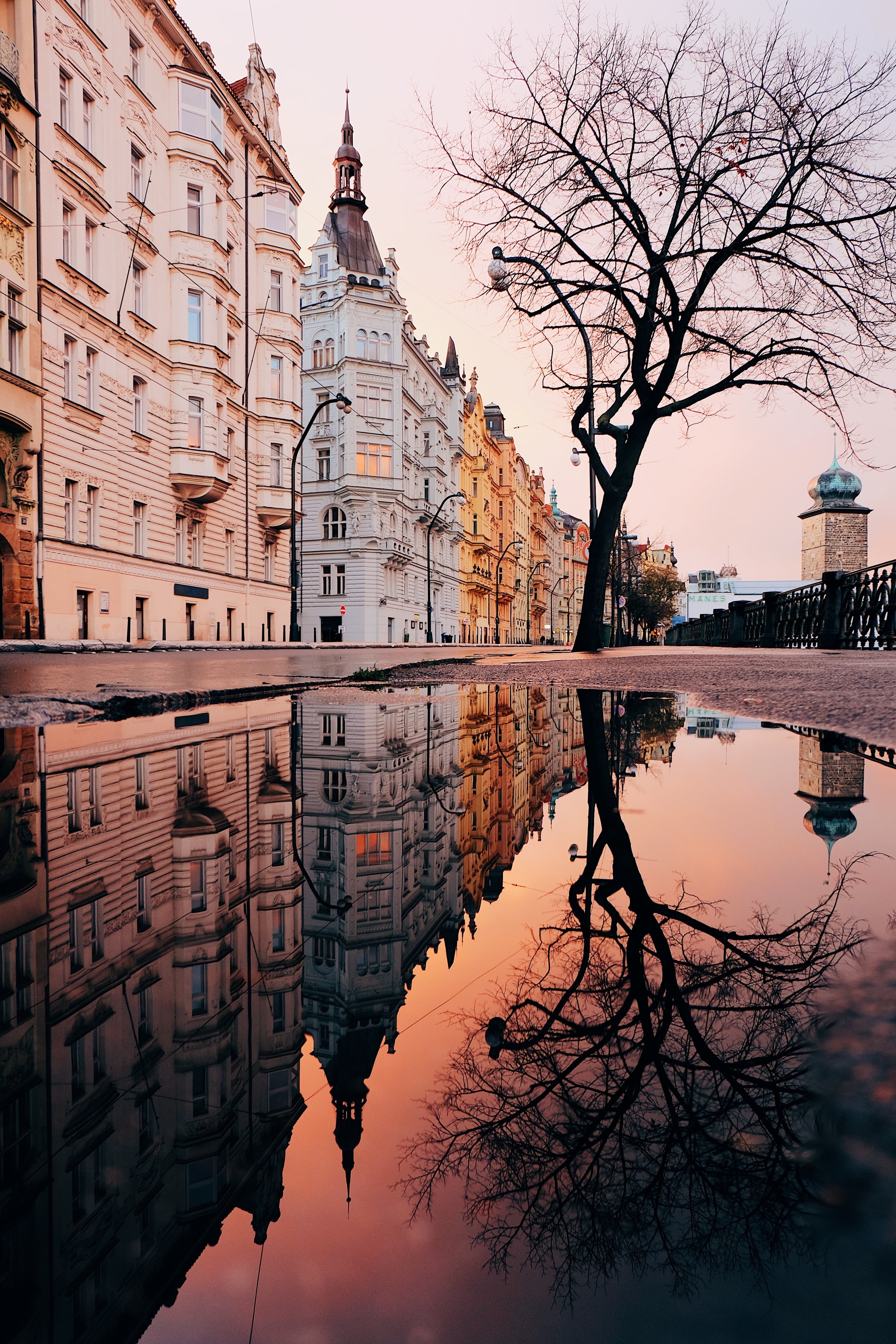 the past, sky, building exterior, white, reflection lake, puddle, nature, czechia, built structure, lake, travel destinations, water, prague, no people, Phone HD Wallpaper