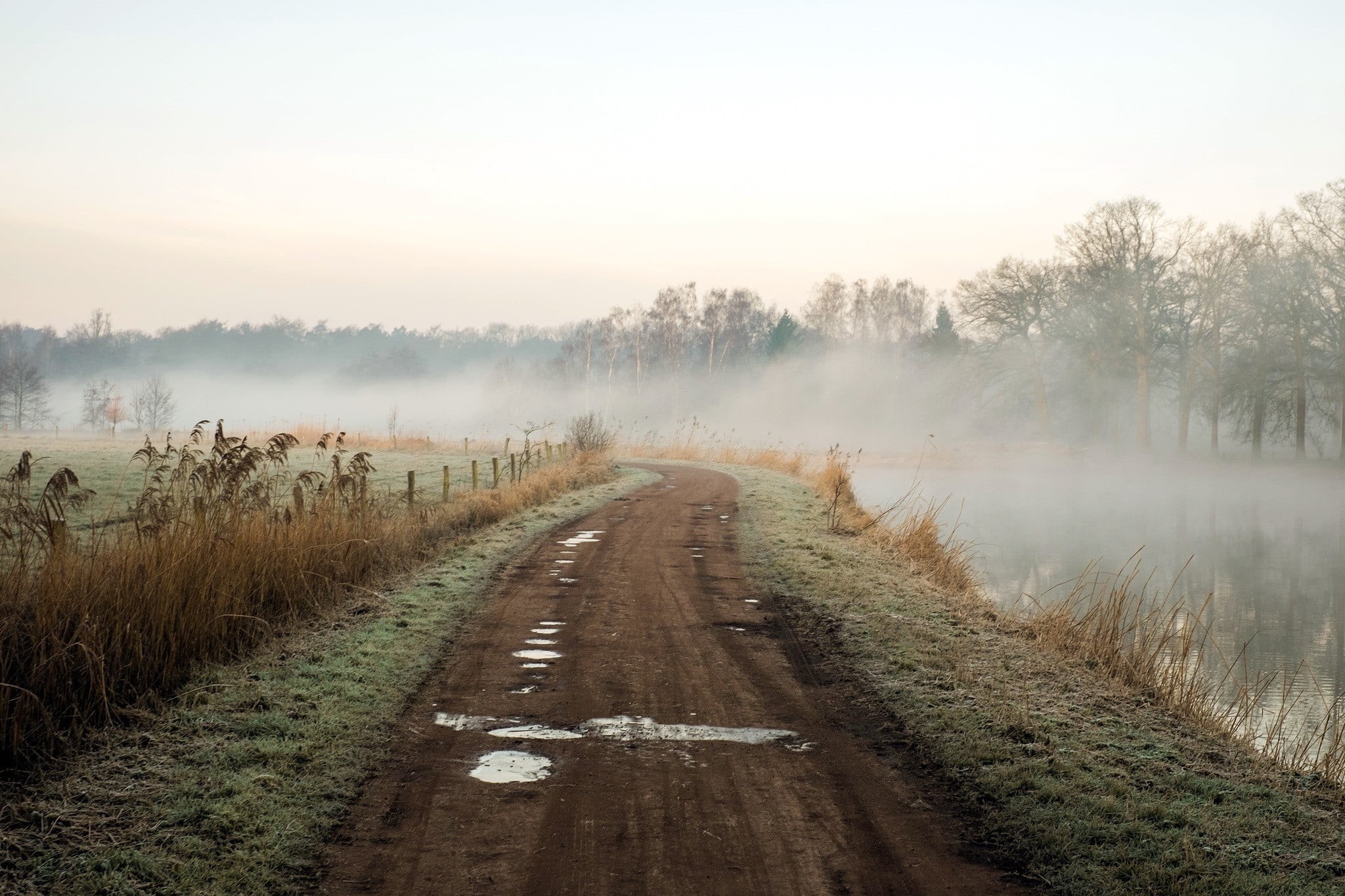 day, transportation, environment, diminishing perspective, scenics - nature, dirt road, morning, the way forward, sky, fence, river, fog, green, 1080P, HD Wallpaper