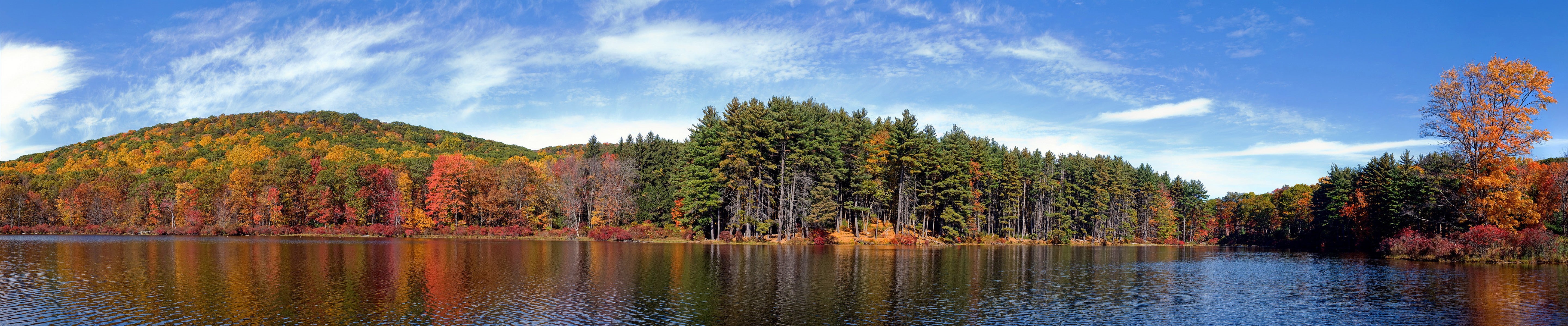 lake, plant, tranquil scene, water, landscape, no people, beauty in nature, sky, tranquility, red leaves, change, nature, panoramic, reflection, autumn, HD Wallpaper