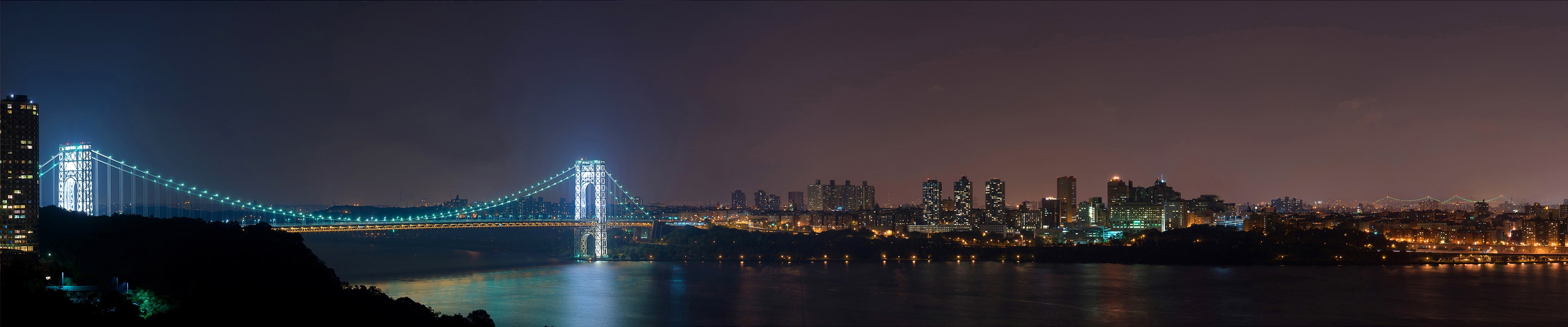 city lights, outdoors, 5K, illuminated, building exterior, city, triple screen, transportation, architecture, New York City, landscape, urban skyline, HD Wallpaper