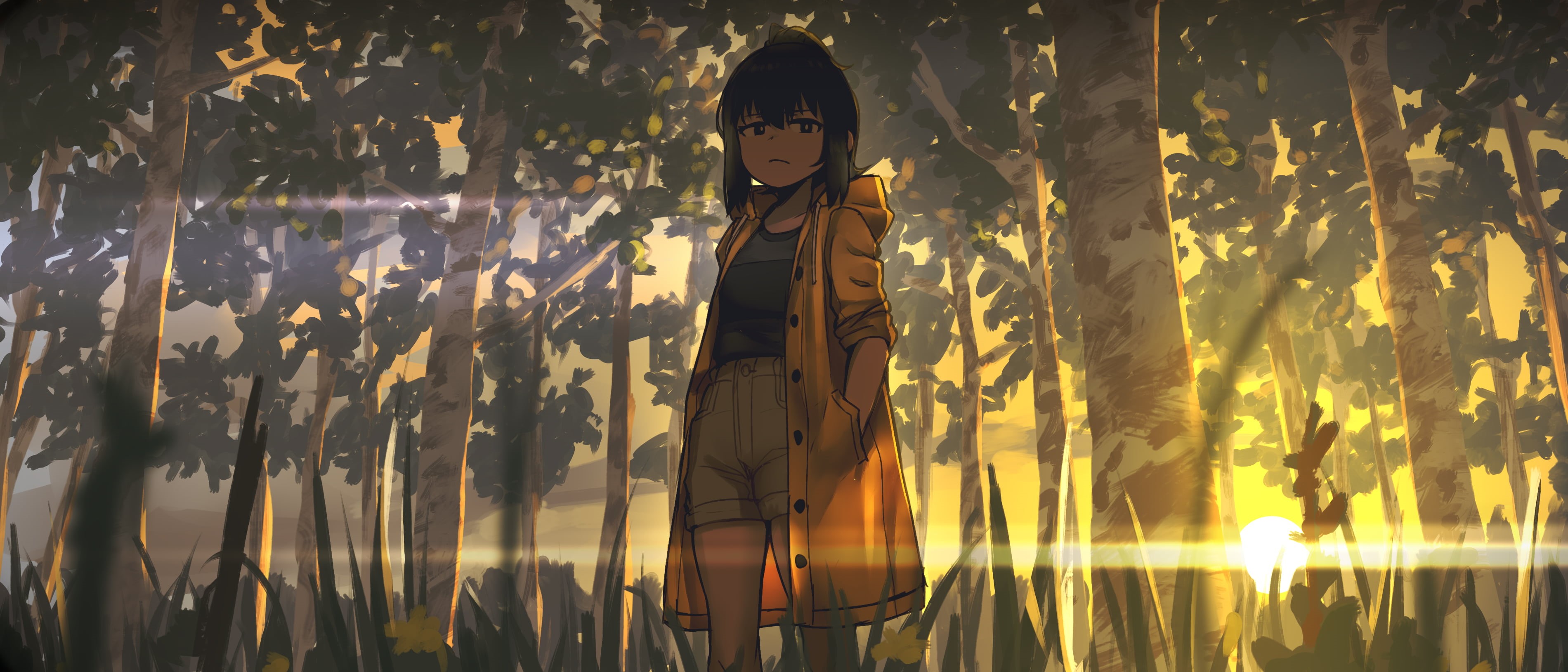 2K, anime, short hair, raincoat, HD Wallpaper