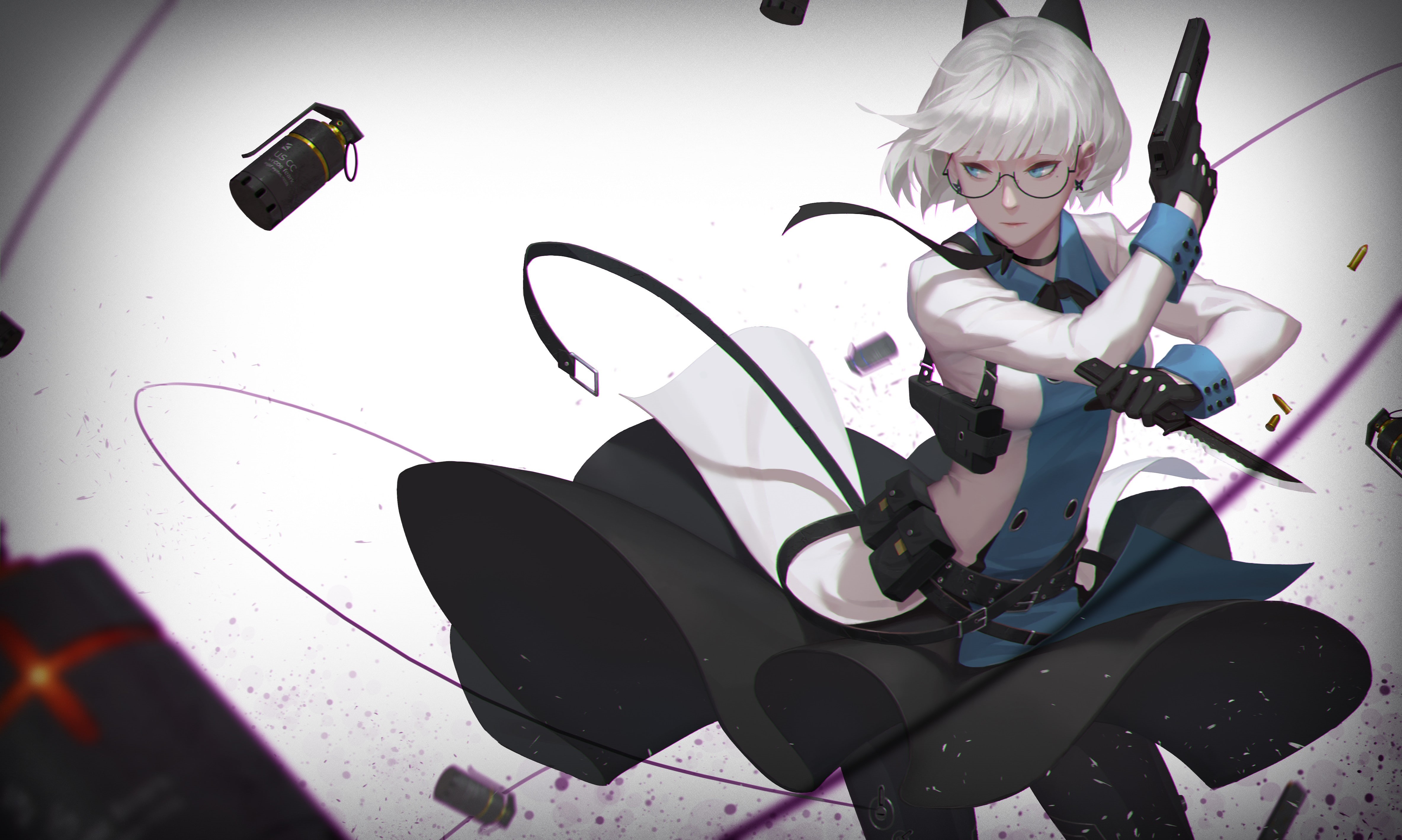gun, girls with guns, women with glasses, anime girls, grenades, 4K, HD Wallpaper