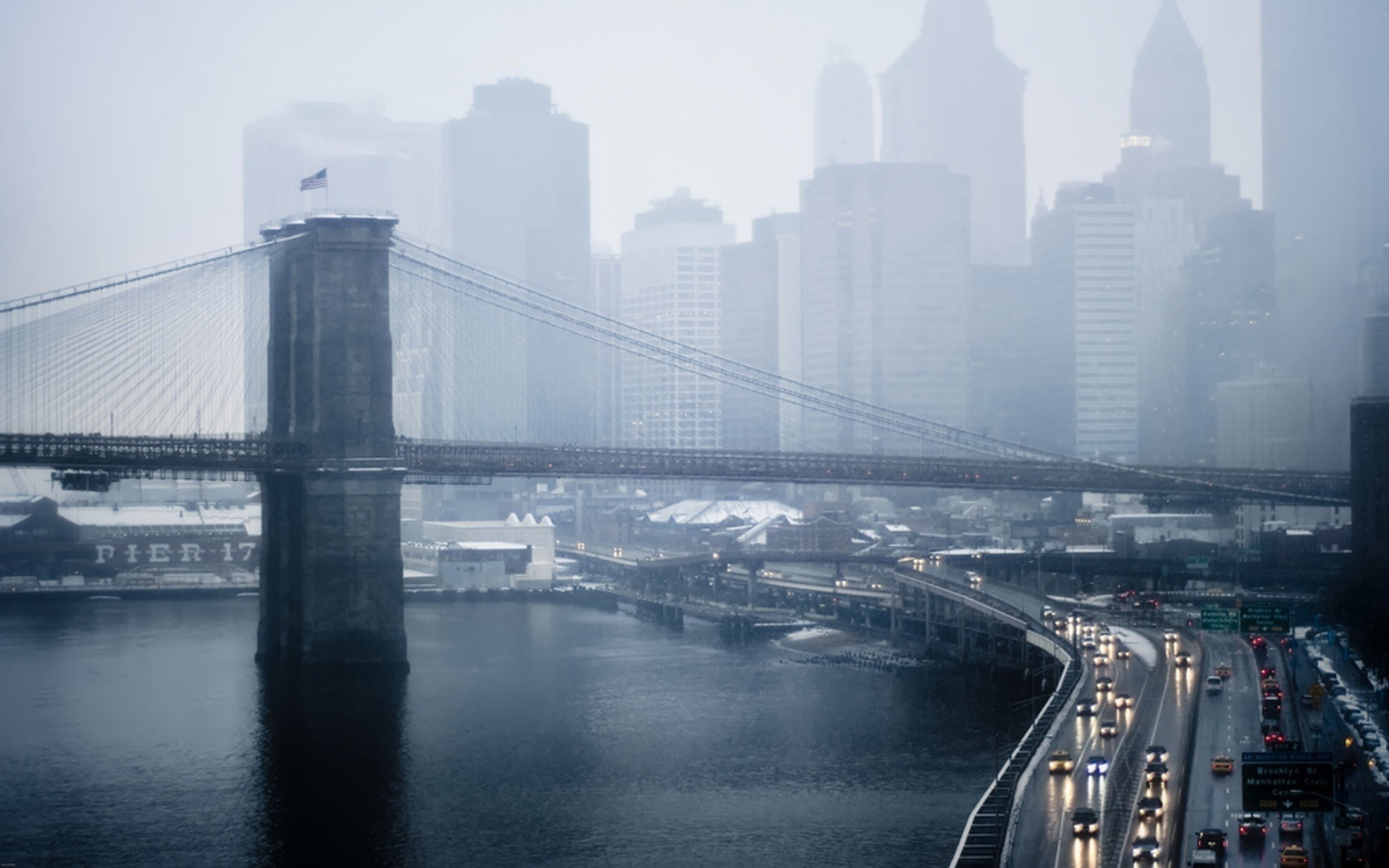 4K, bridge backgrounds, new york, rain, Fog, HD Wallpaper