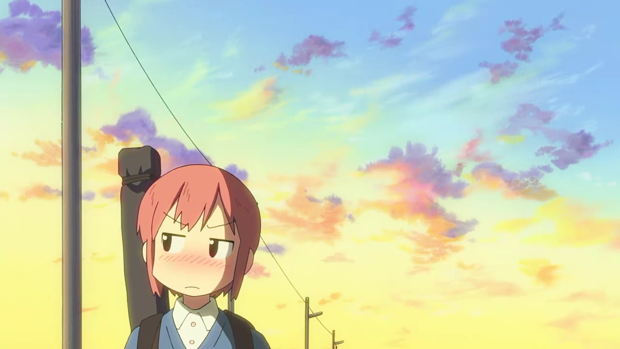 cloud - sky, white skin, representation, anime girls, sunset, real people, brown eyes, one person, Tachibana Misato, Nichijou, safety, adventure, dusk, HD Wallpaper