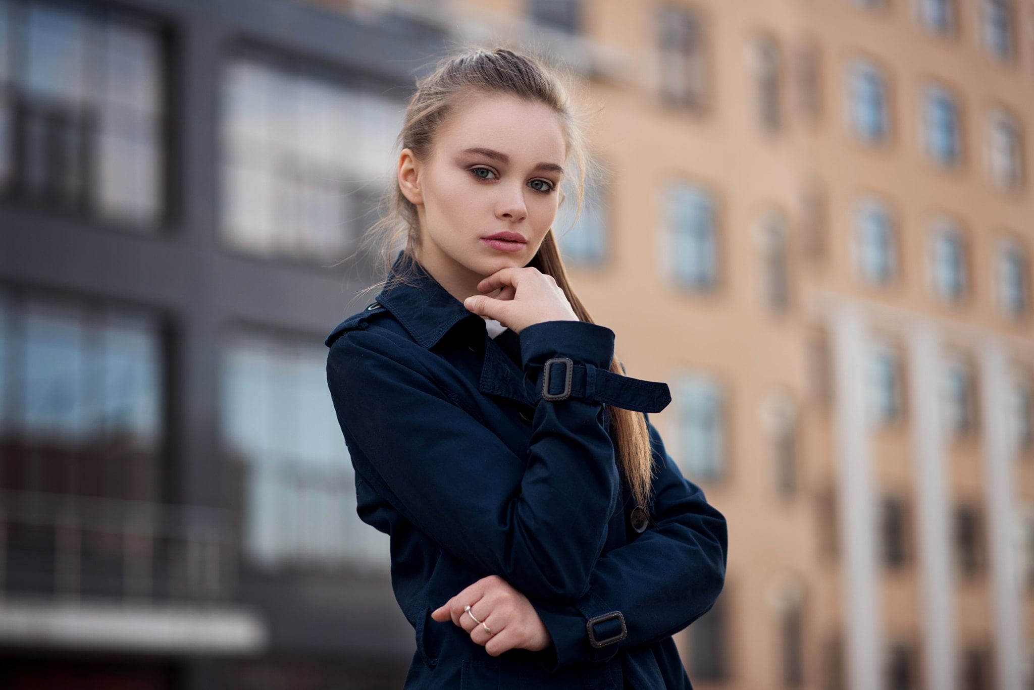 waist up, depth of field, 1080P, hair, beautiful woman, one person, hairstyle, warm clothing, women, standing, front view, open mouth, young adult, blue eyes, HD Wallpaper