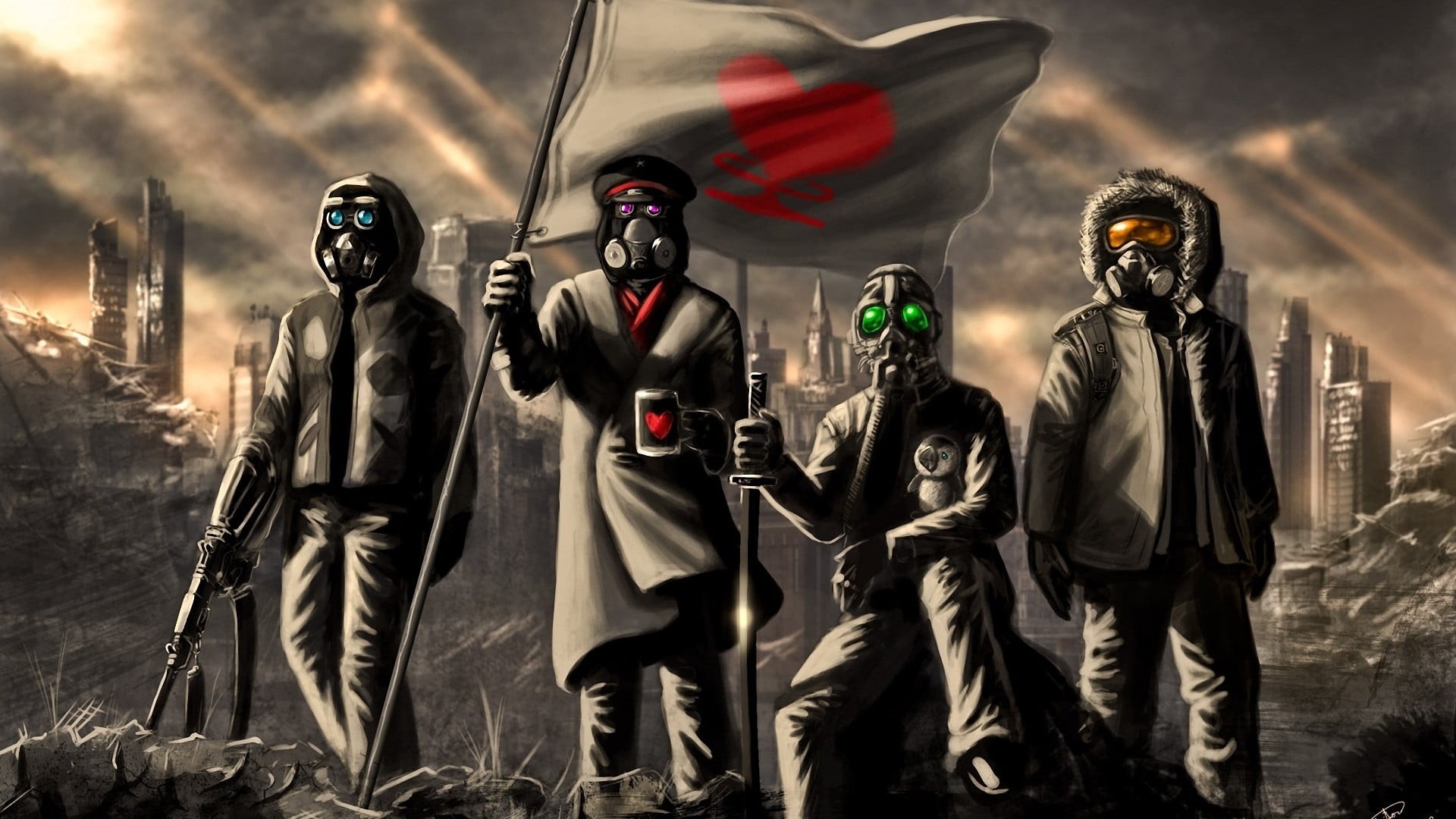 protective mask - workwear, holding, Romantically Apocalyptic, gas mask, people, clothing, protective workwear, four, headwear, heroes, flag, Gone with the Blastwave, HD Wallpaper