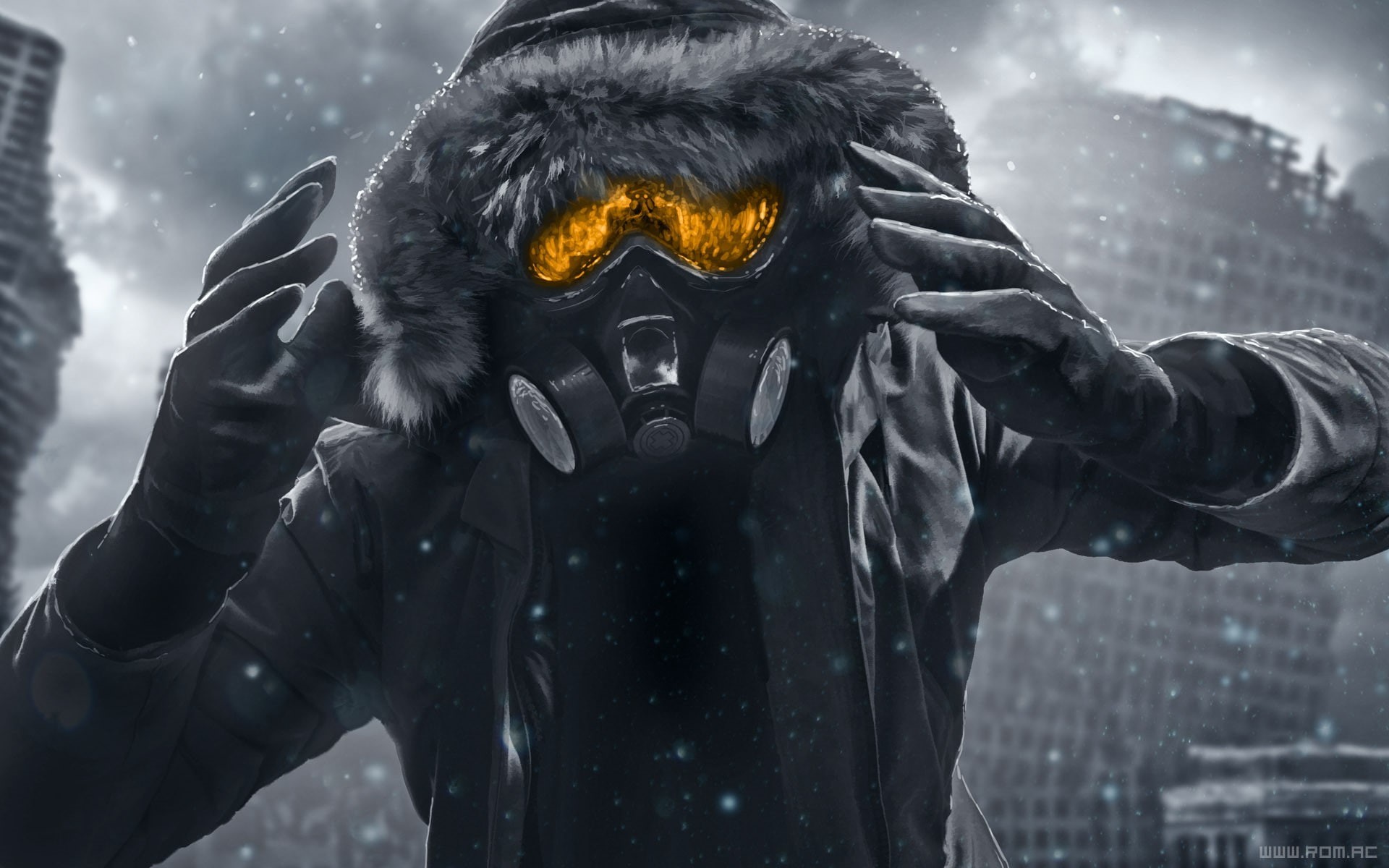Gas Masks, Vitaly S Alexius, artwork, gray, Romantically Apocalyptic, 1080P, HD Wallpaper