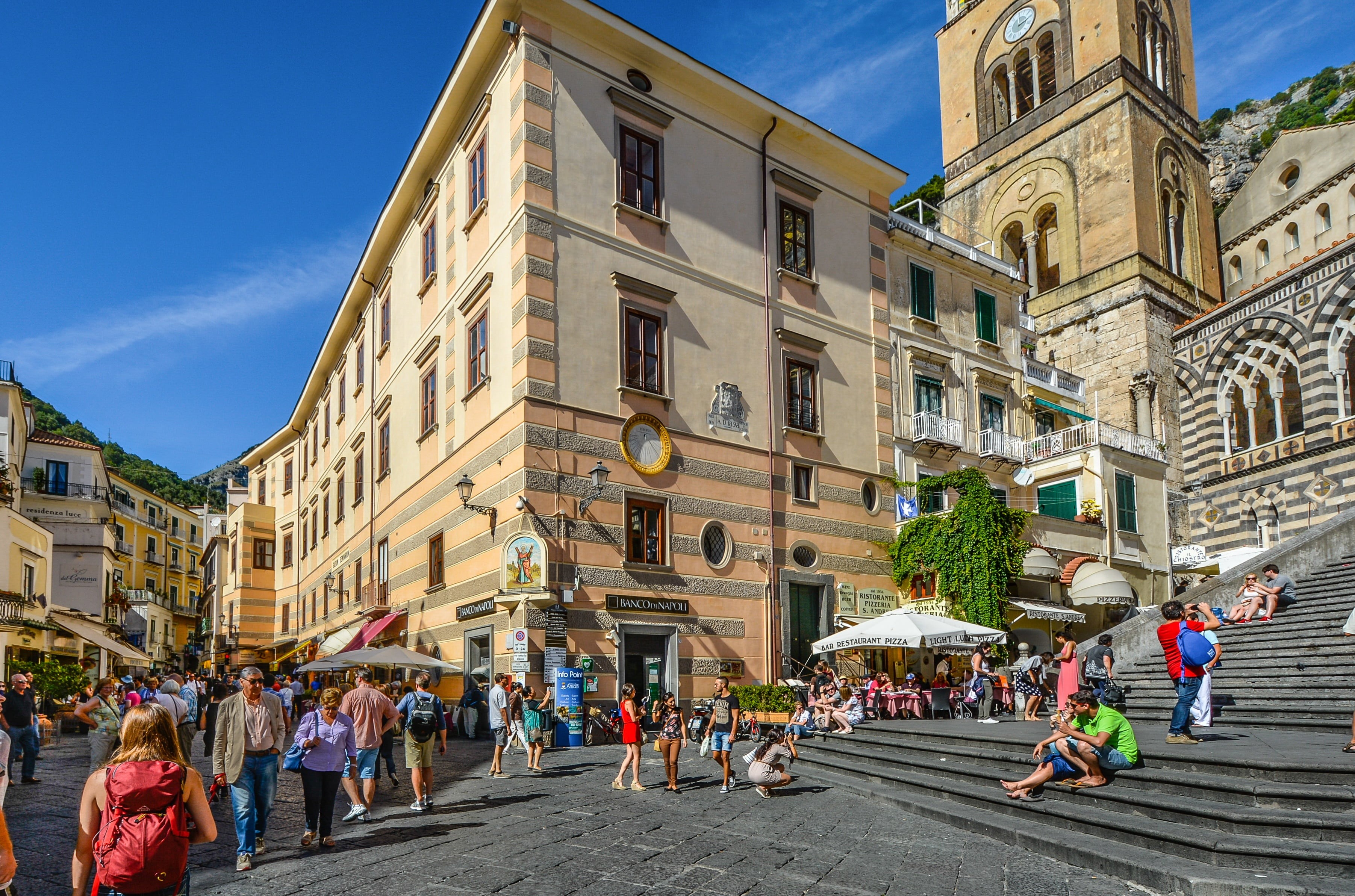 scenic, building exterior, coast, 2K, real people, europe, travel, day, steps, picturesque, sky, vacation, italian, travel destinations, women, outdoor, HD Wallpaper