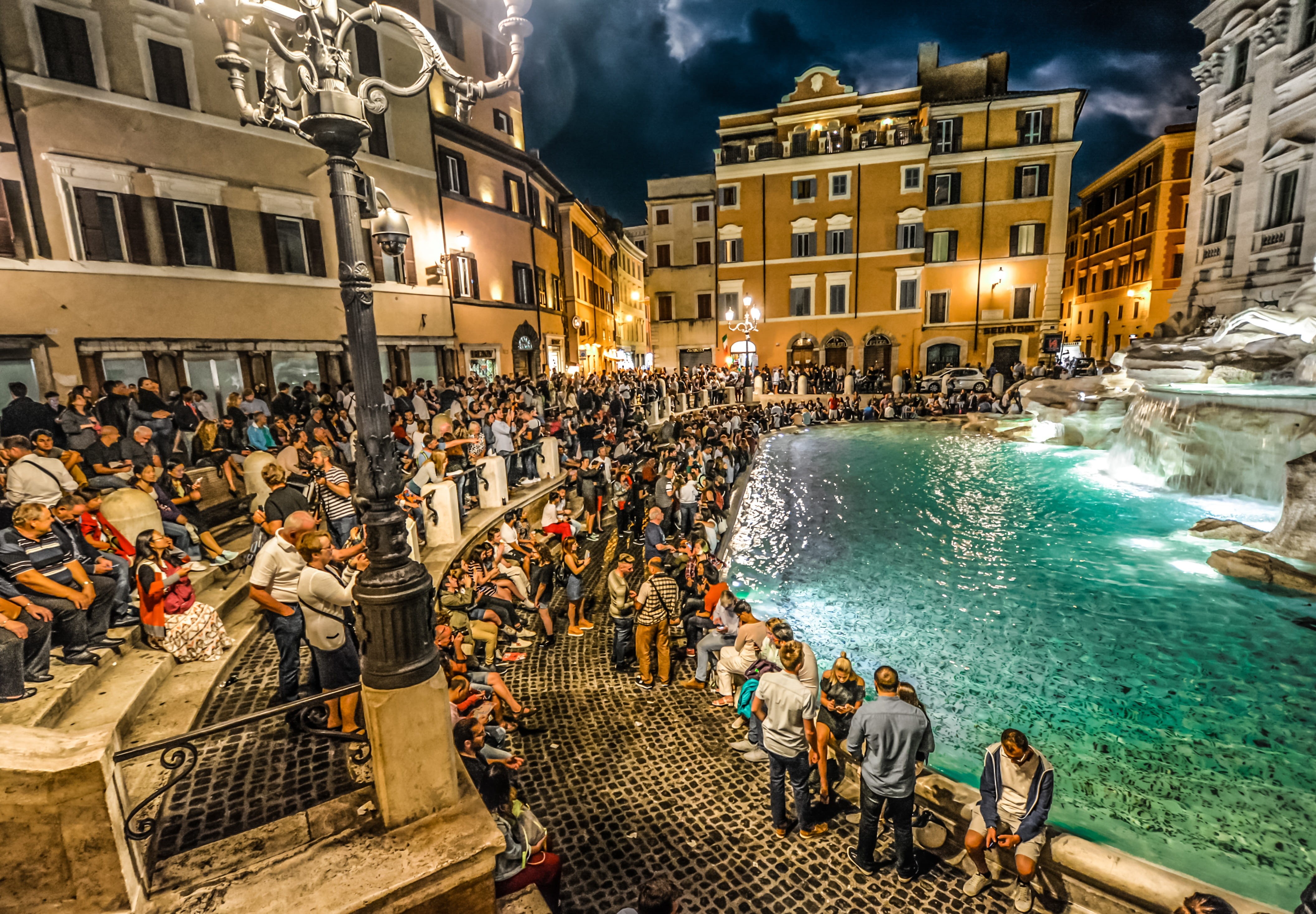 lighting, outdoors, people, landmark, michelangelo, holiday, leisure activity, travel, night, statue, Rome, famous, Fountain, real people, sitting, building exterior, HD Wallpaper