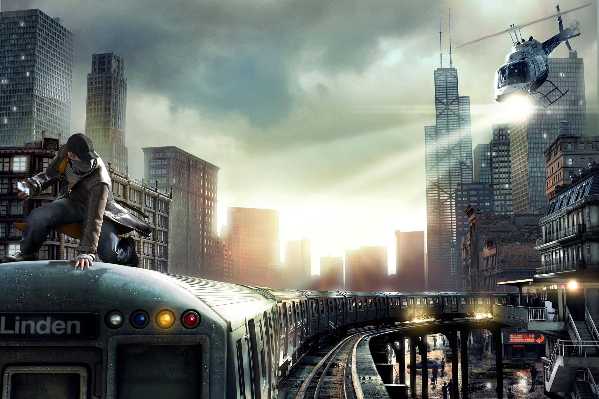the sky, the city, 1080P, phone, Watchdogs, cloak, mobile, rays, Ubisoft Montreal, chase, people, helicopter, rails, Chicago, Aiden Pierce, train, Aiden Pearce, HD Wallpaper
