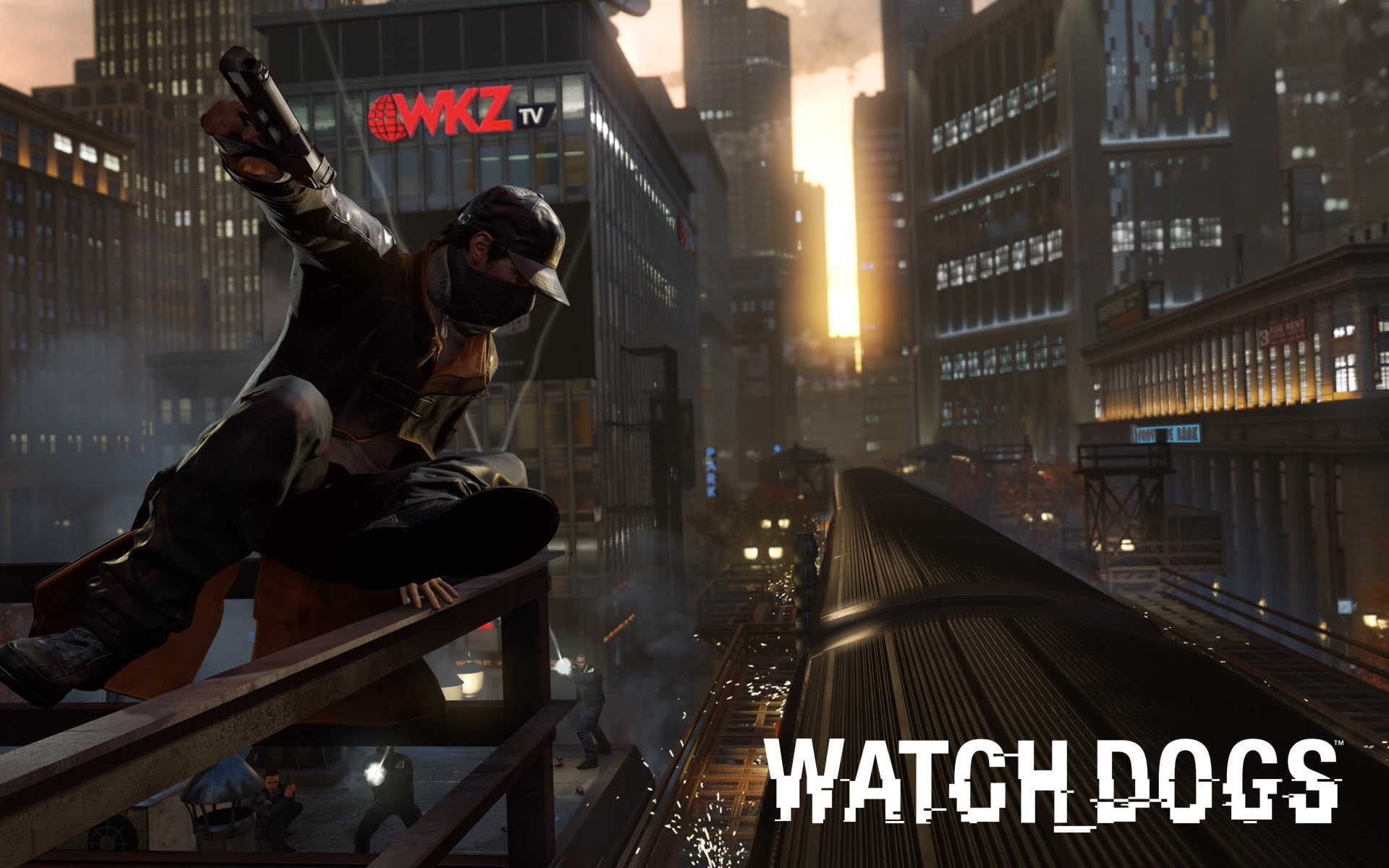 game, illuminated, Aiden Pearce, city, building exterior, dogs, men, built structure, activity, skyscraper, watch, real people, 1080P, Video Game, full length, HD Wallpaper