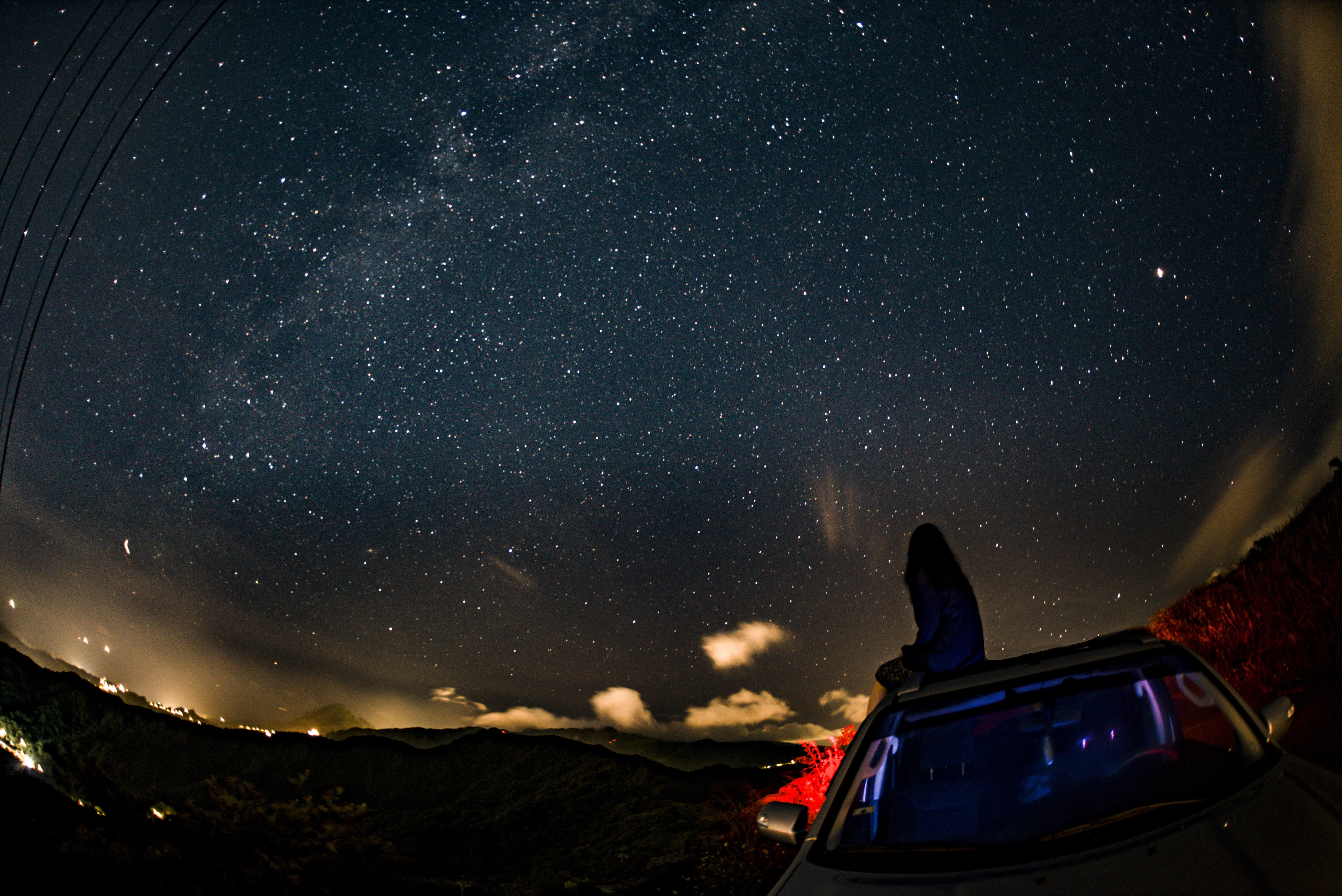 sitting, discover, blue, explore, person, galaxy, silhoutte, sky, glowing, woman, snow, astronomy, outdoor, illuminated, night, watching, travel, nature, HD Wallpaper