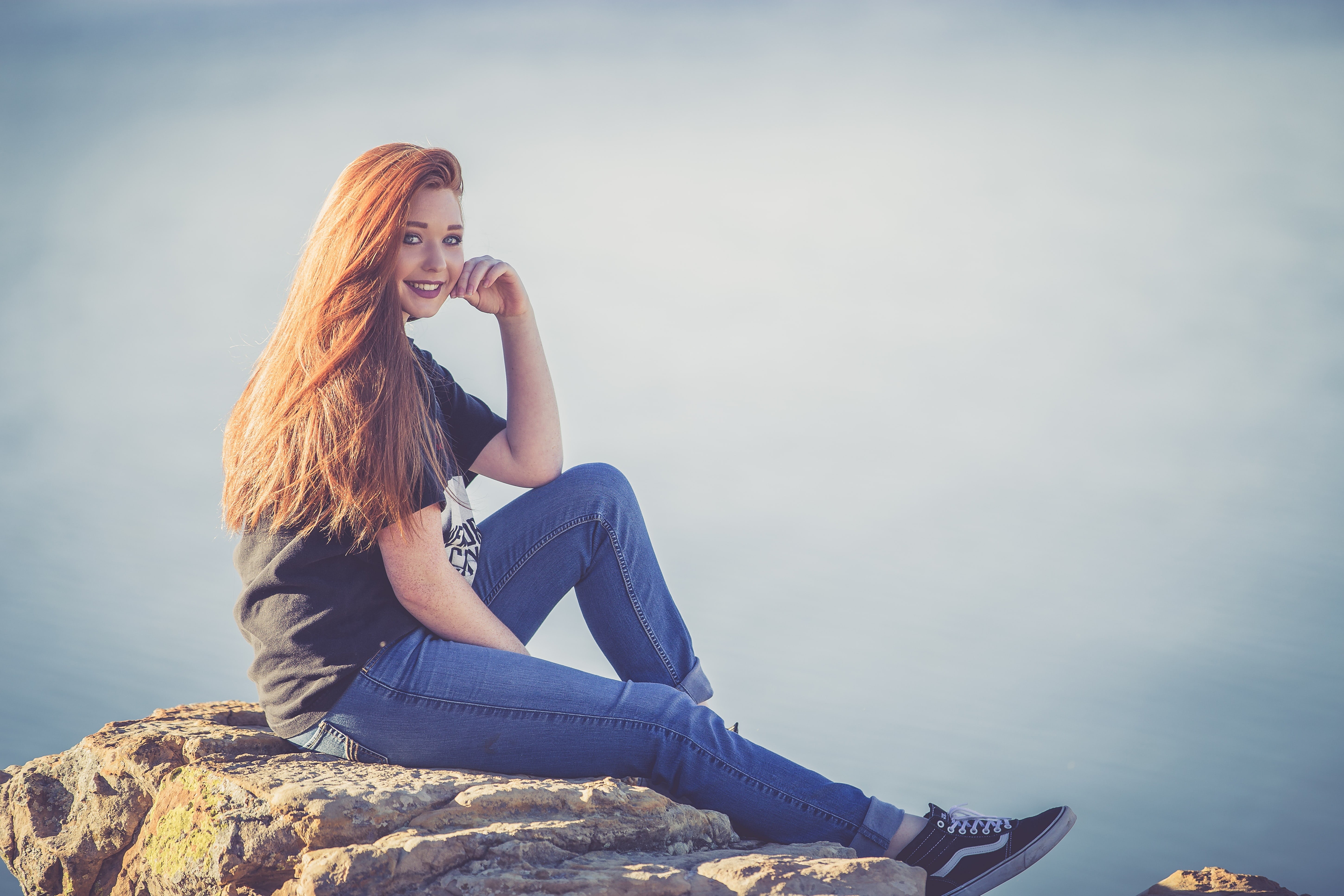 women, redhead, people, one young woman only, young adult, rock, one woman only, woman, happy, leisure activity, hairstyle, water, 5K, long hair, lifestyles, HD Wallpaper