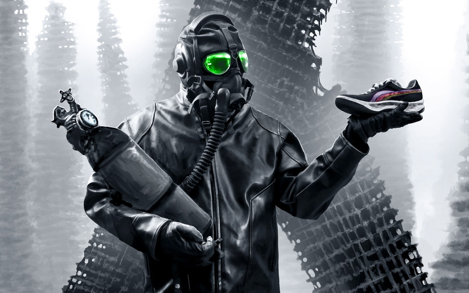 gas, mask, holding, front view, ROMANCE OF THE APOCALYPSE, black, 1080P, special forces, looking at camera, young men, wearing, waist up, helmet, one person, HD Wallpaper