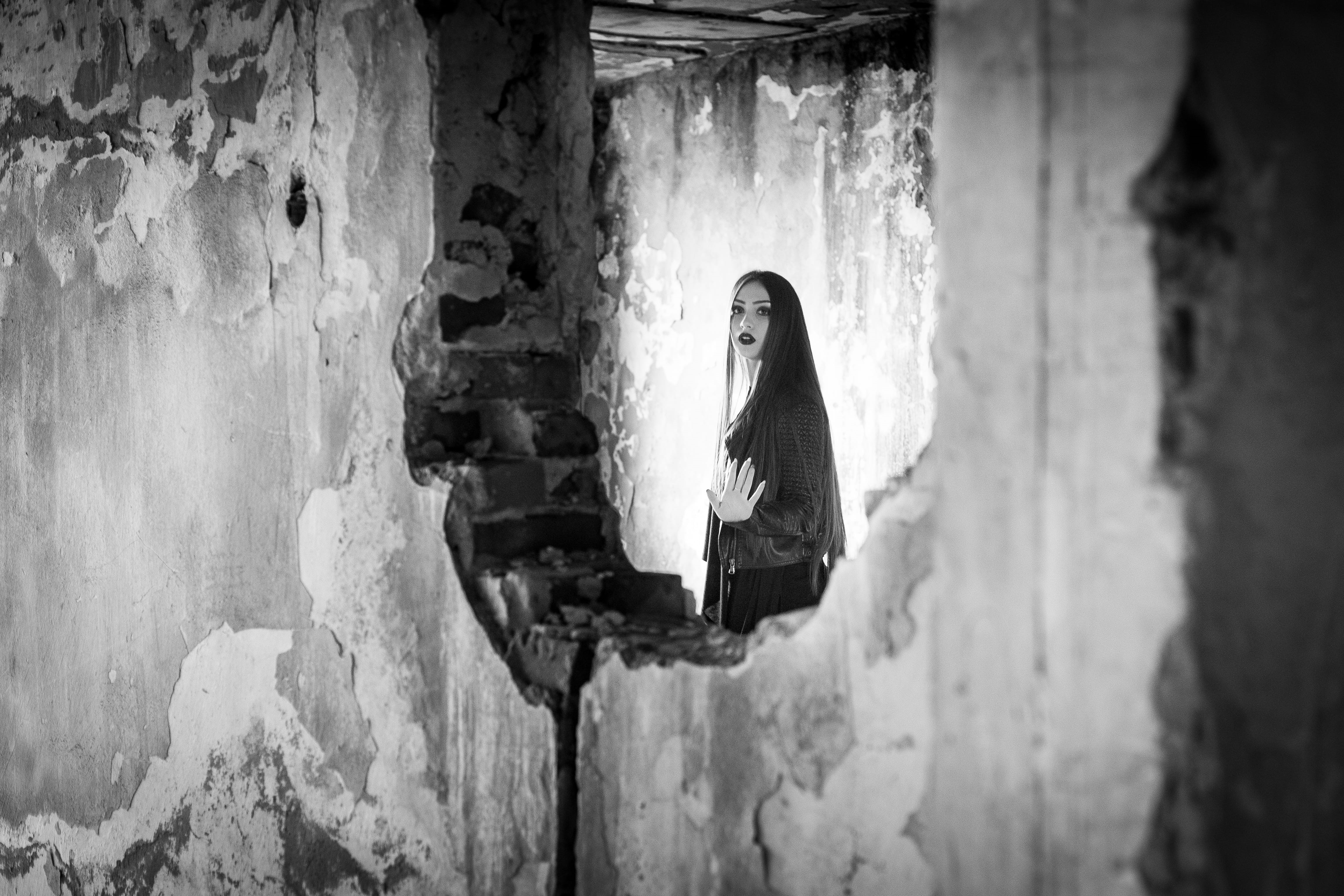 deserted, dress, day, built structure, spooky, building, beauty, nature, females, adults only, black, black And White, 4K, dress shirt, real people, young women, HD Wallpaper
