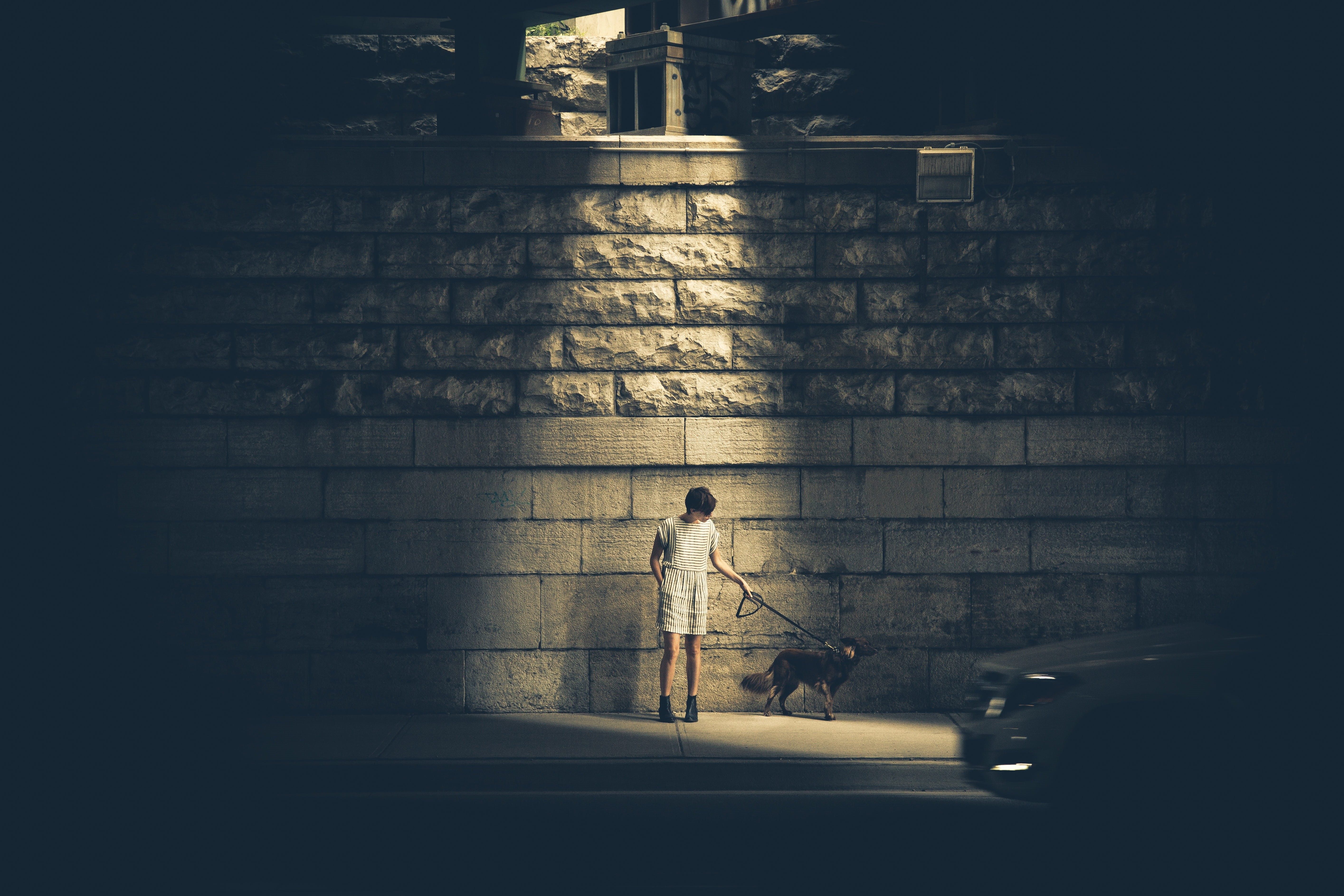 scary, sidewalk, outdoors, boy, one person, stones, street, wall, girl, building, woman, architecture, urban, leash, child, day, skirt, gloomy, brick, dark, HD Wallpaper