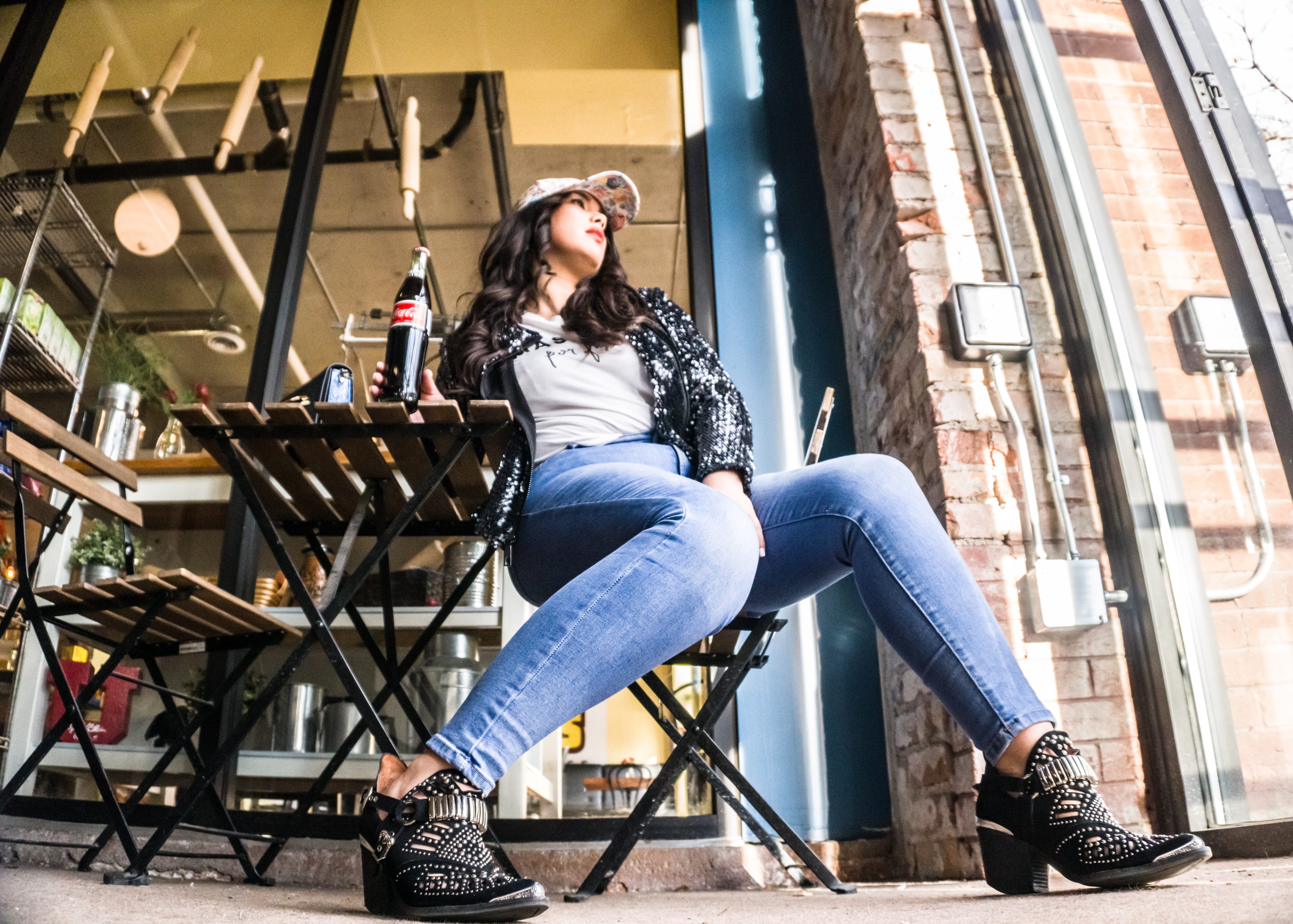 women, clothing, furniture, jeans, coffeeshop, architecture, casual clothing, building exterior, seat, real people, sneaker, urban, young adult, 5K, chair, HD Wallpaper