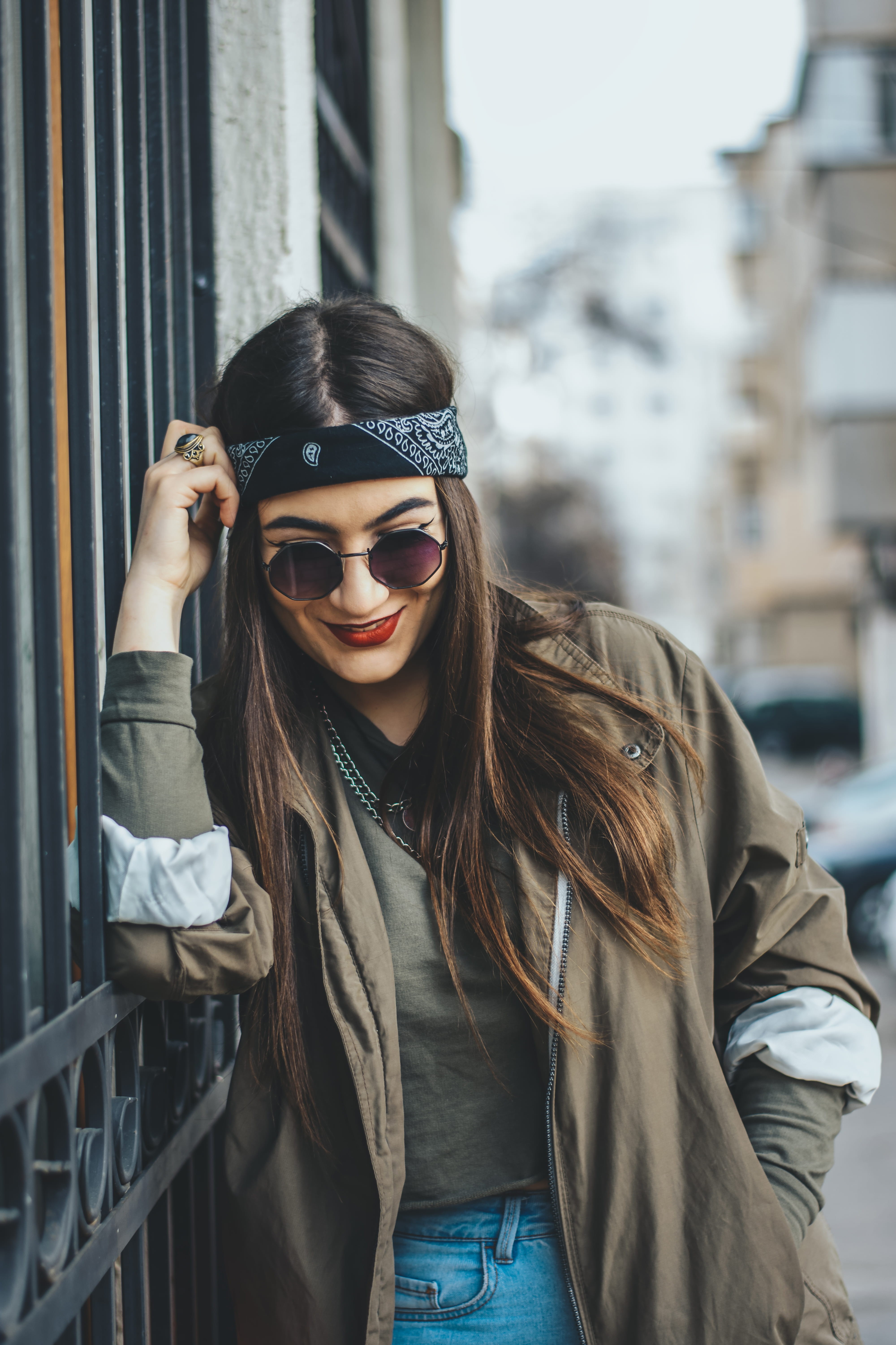 outdoors, one person, hairstyle, architecture, face, scarf, woman, glasses, photo, lifestyles, metal, beautiful woman, costume, black, overcoat, accessories, Phone HD Wallpaper