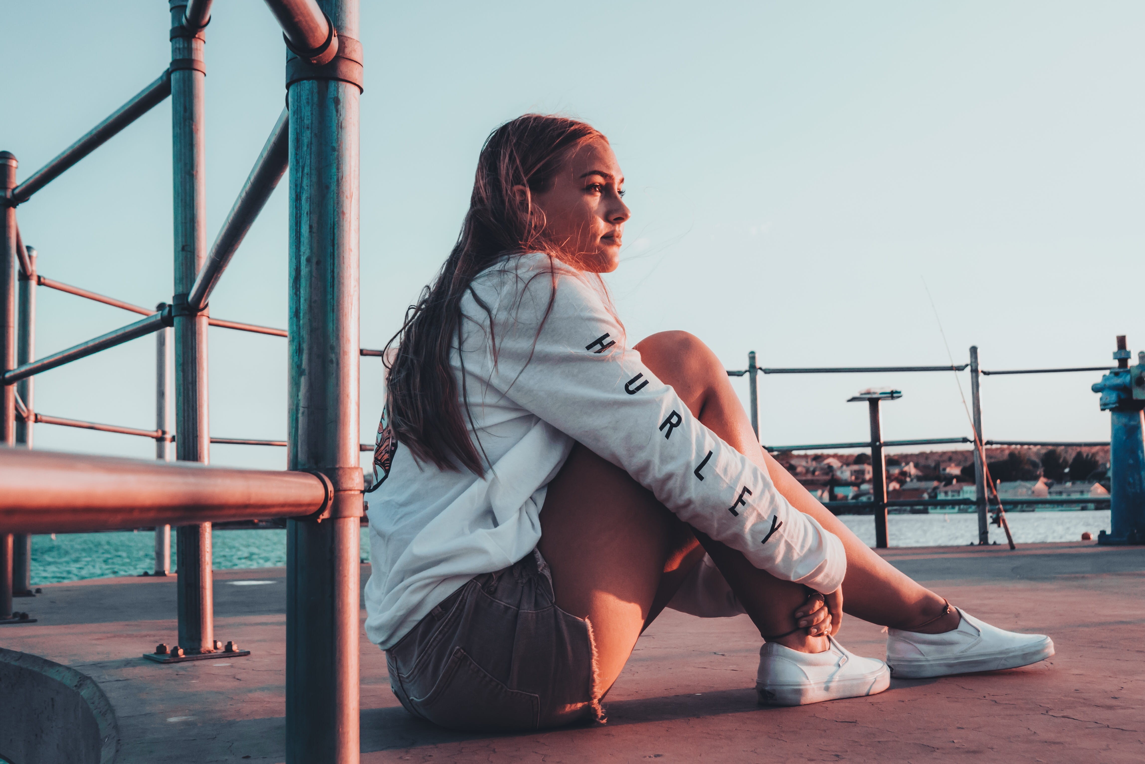 leisure activity, beautiful, human, lifestyles, golden hour, relaxing, footwear, long hair, young women, looking, real people, 4K, spring valley lake, HD Wallpaper