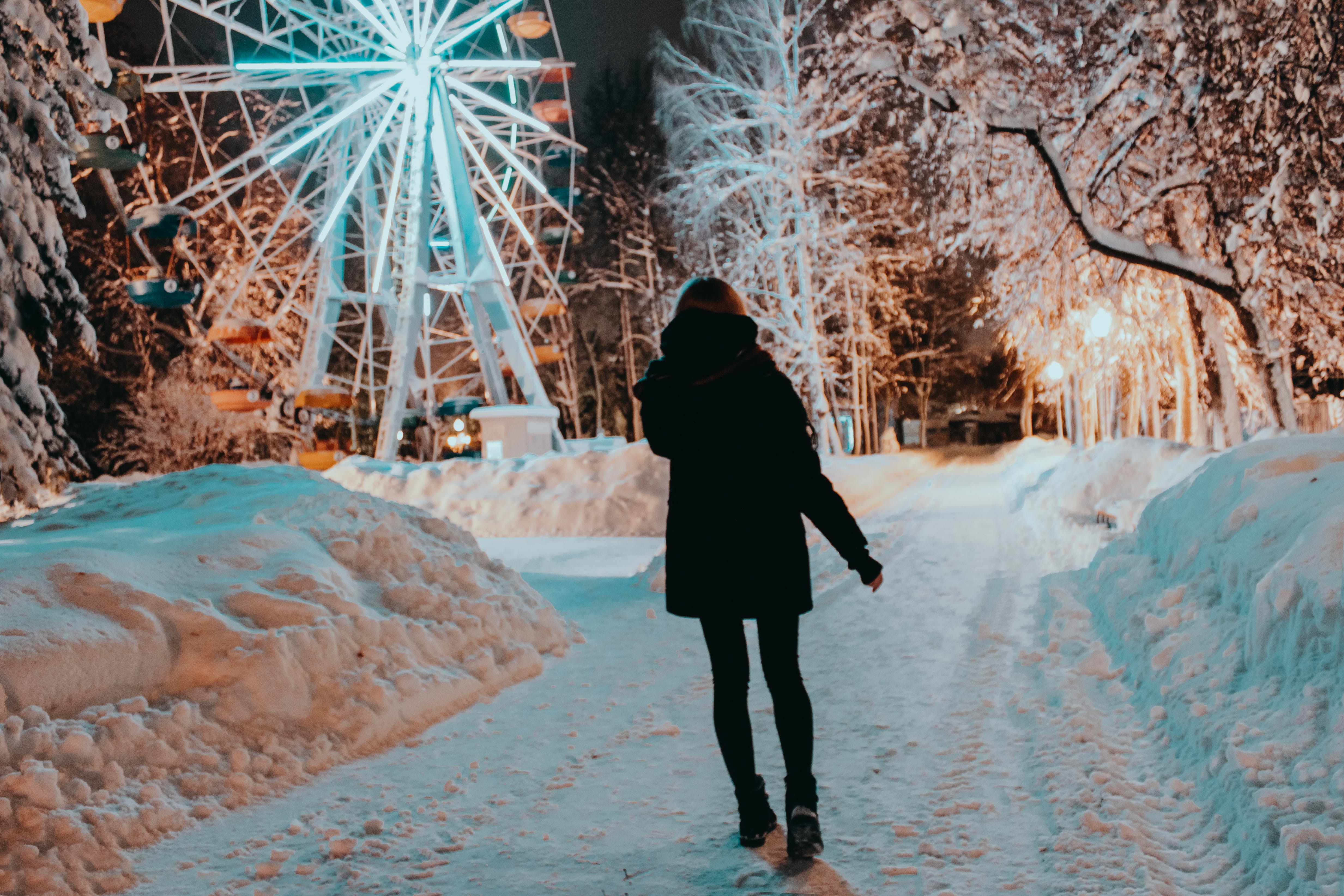 tree, ice, along, full length, apparel, one person, walking, pathway, 4K, winter coat, woman, nature, hd, ferris wheel, female, adult, city, lifestyles, HD Wallpaper