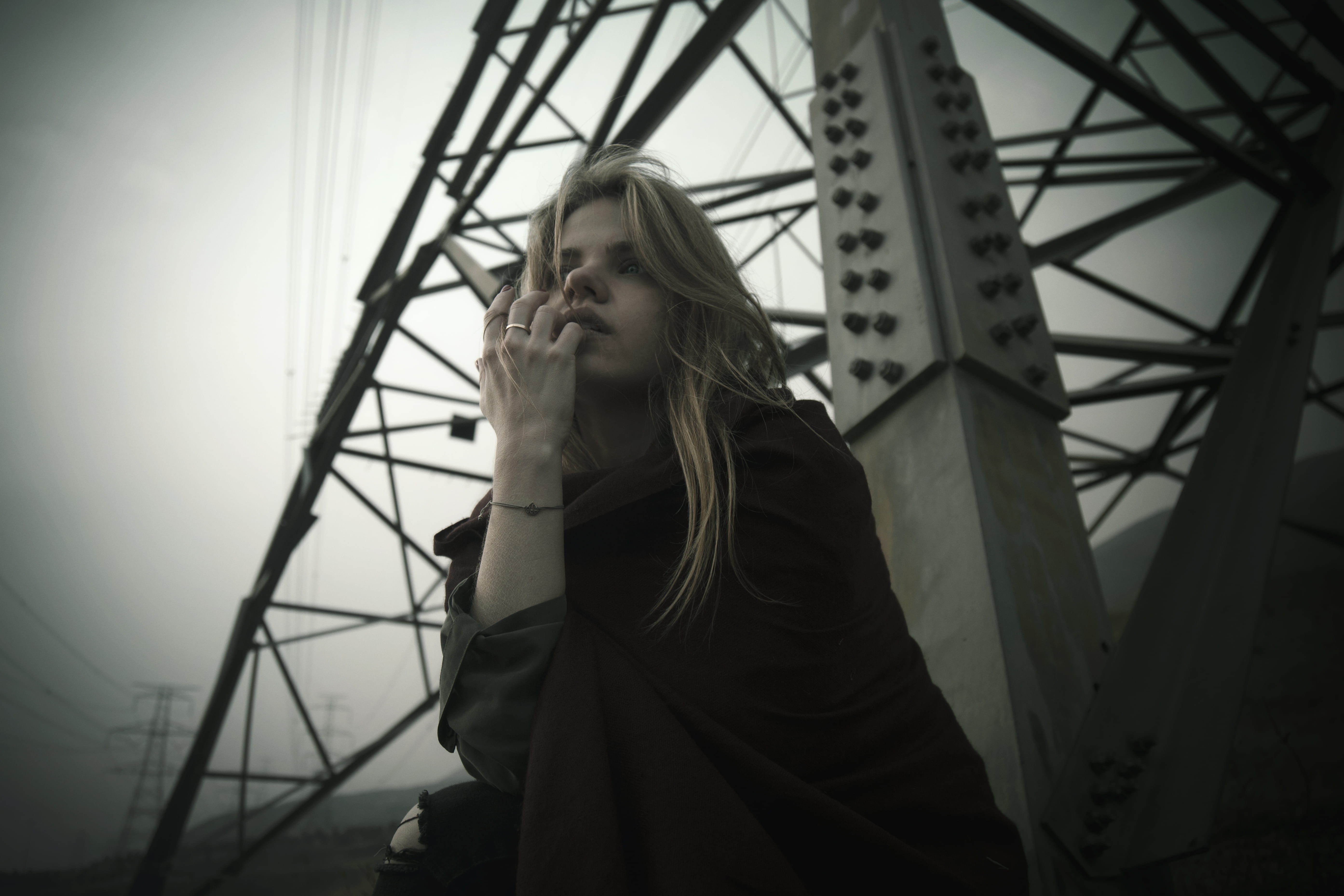 hair, led, electric transmission tower, lifestyles, nature, young women, architecture, waist up, women, grayscale, cable, casual clothing, real people, HD Wallpaper