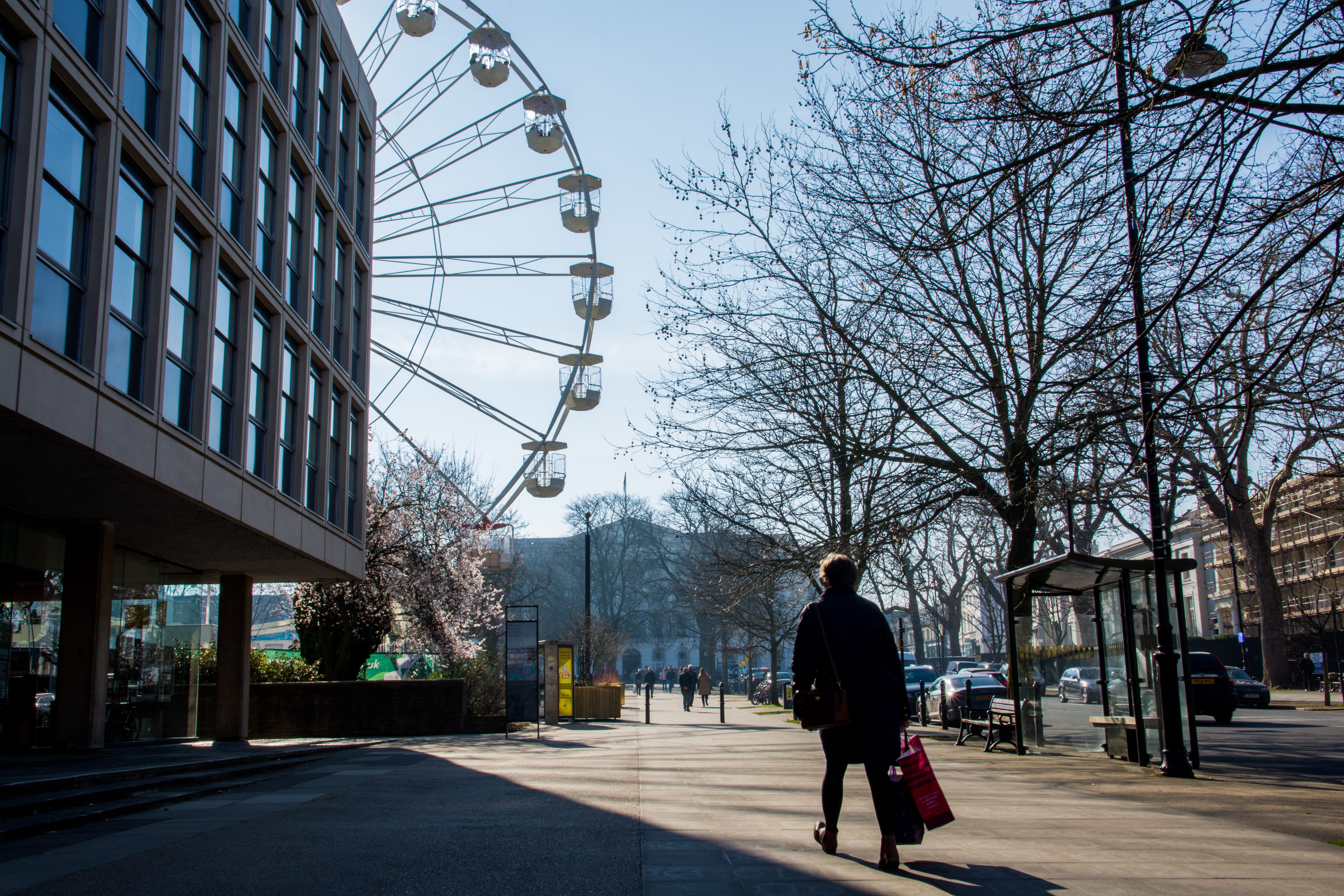 ferris, bags, tree, human, nature, ferris wheel, architecture, clothing, automobile, pedestrian, lifestyles, 5K, sky, shoe, footwear, bare tree, one person, HD Wallpaper