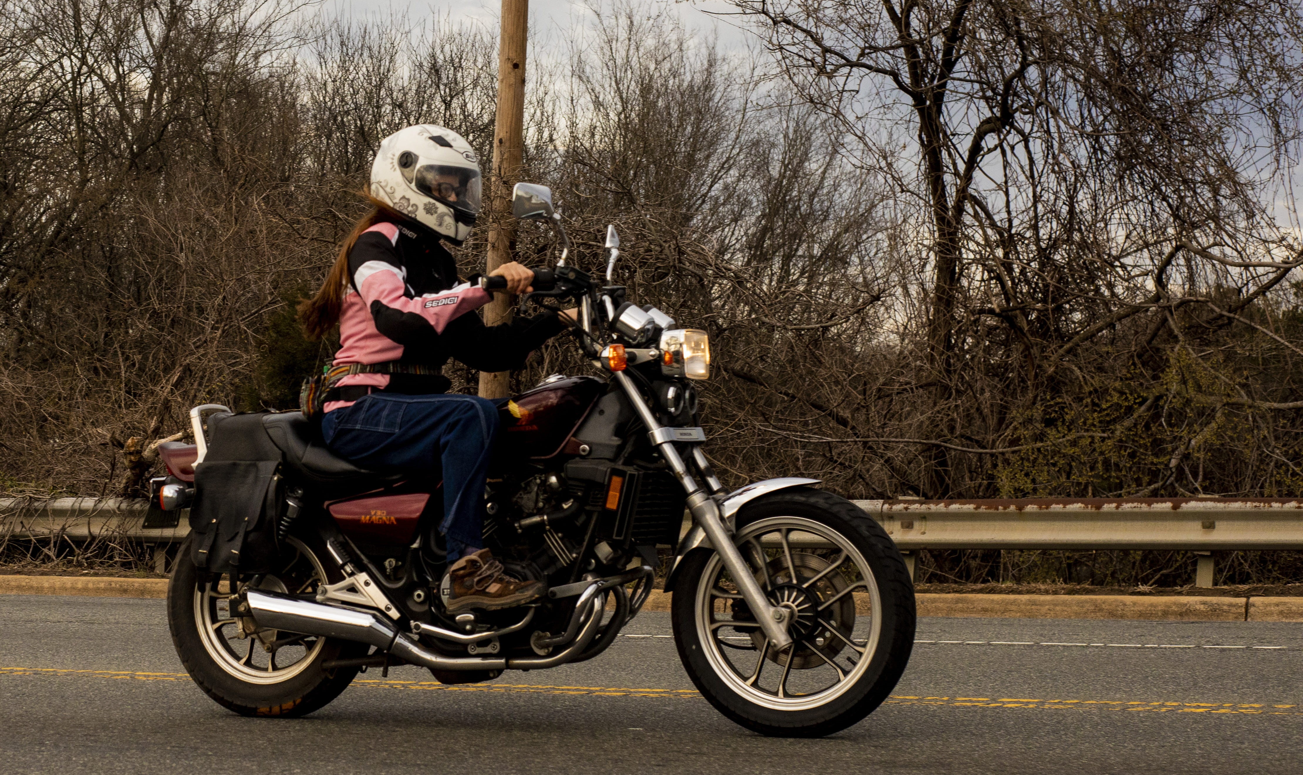girl, white, day, helmet, riding, motorcycle, leisure activity, motor, machine, charlotte, tree, ride, nature, country, road, women, land vehicle, 4K, HD Wallpaper