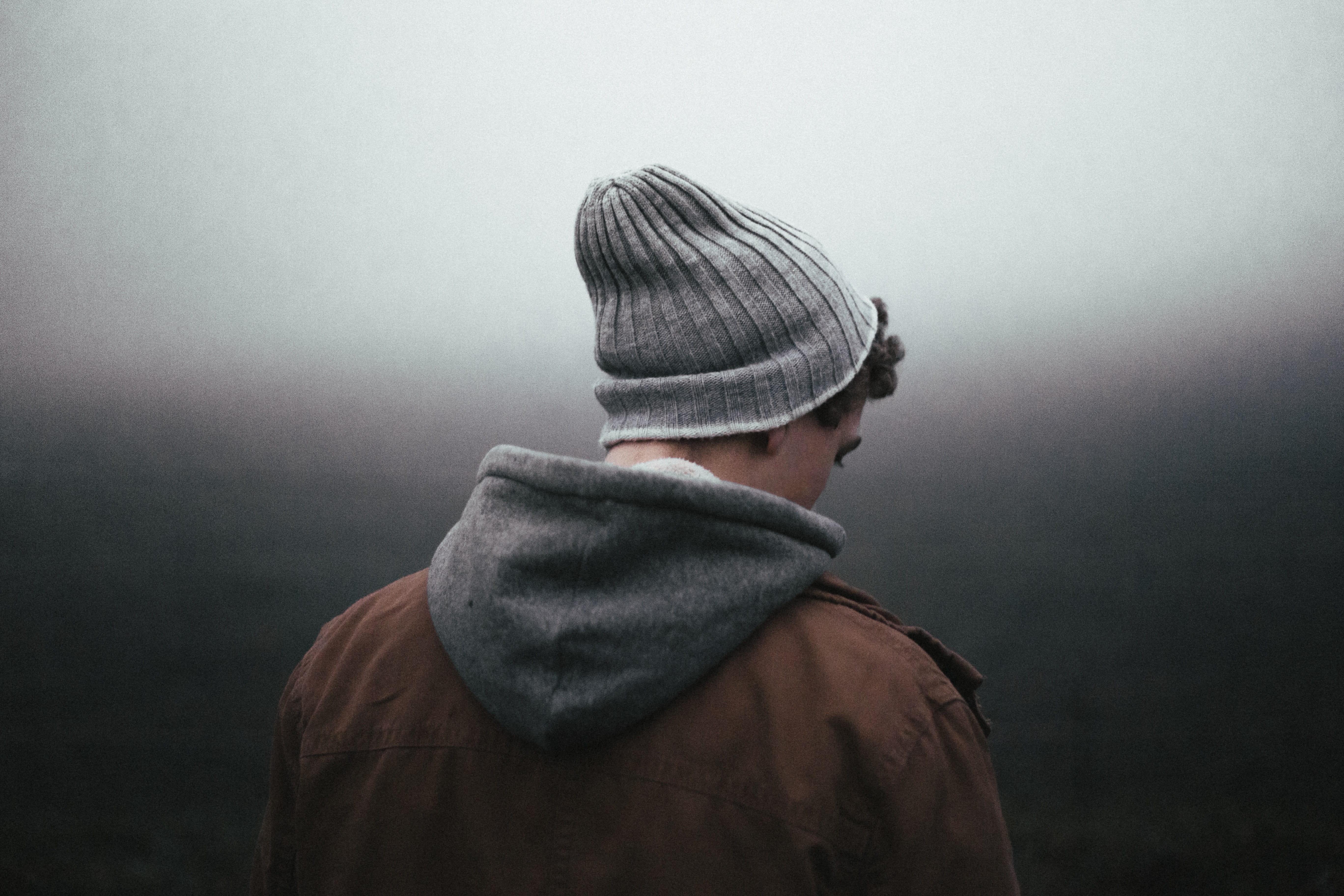 person, rain, man, hoodie, back view, portrait, contemplation, warm clothing, fog, hat, jacket, clothing, male, rear view, waist up, one person, looking, HD Wallpaper