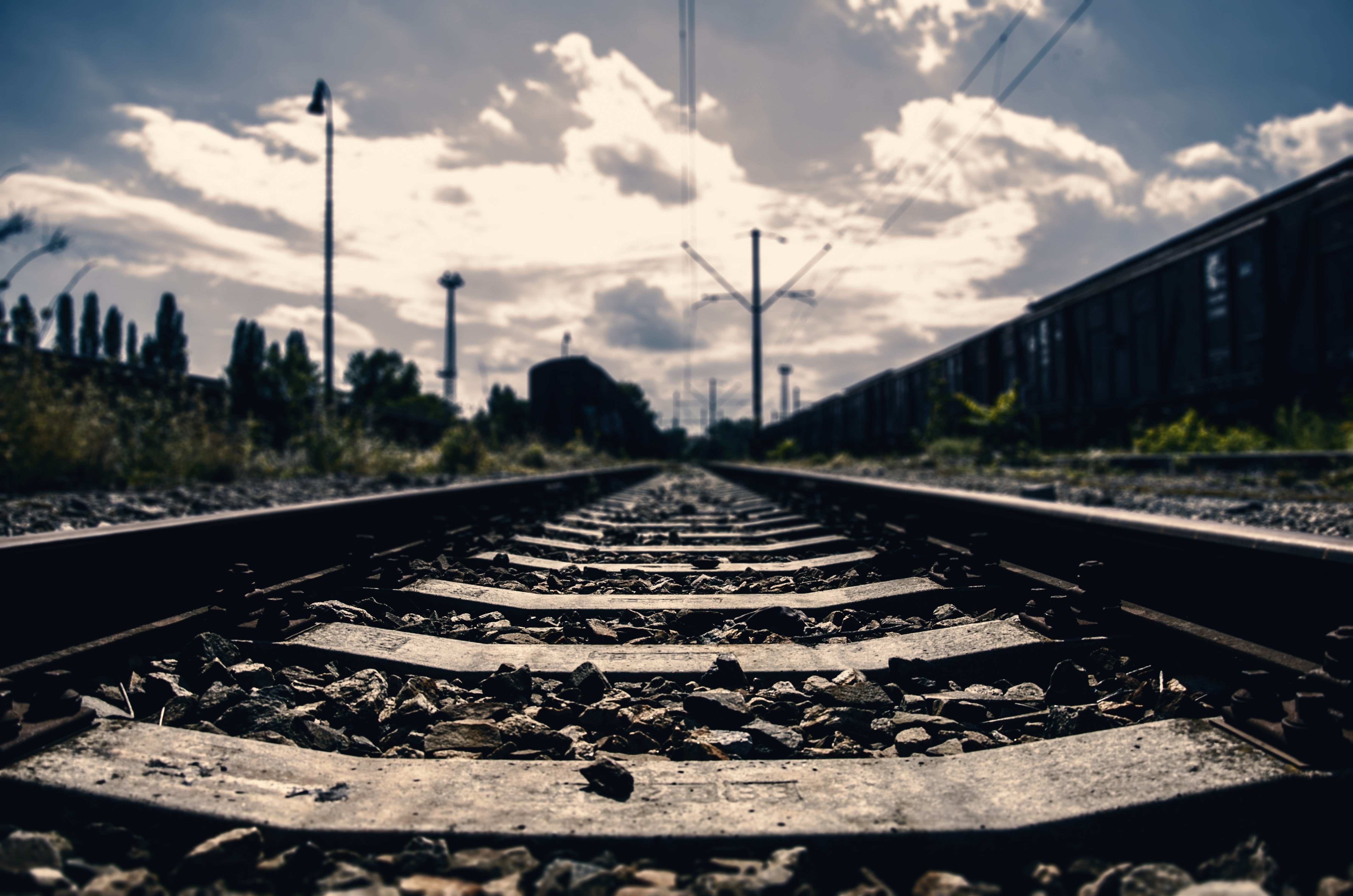 depth of field, cloud - sky, direction, 4K, train, Pripyat, the way forward, sunlight, rail yard, transportation, stones, diminishing perspective, track, HD Wallpaper