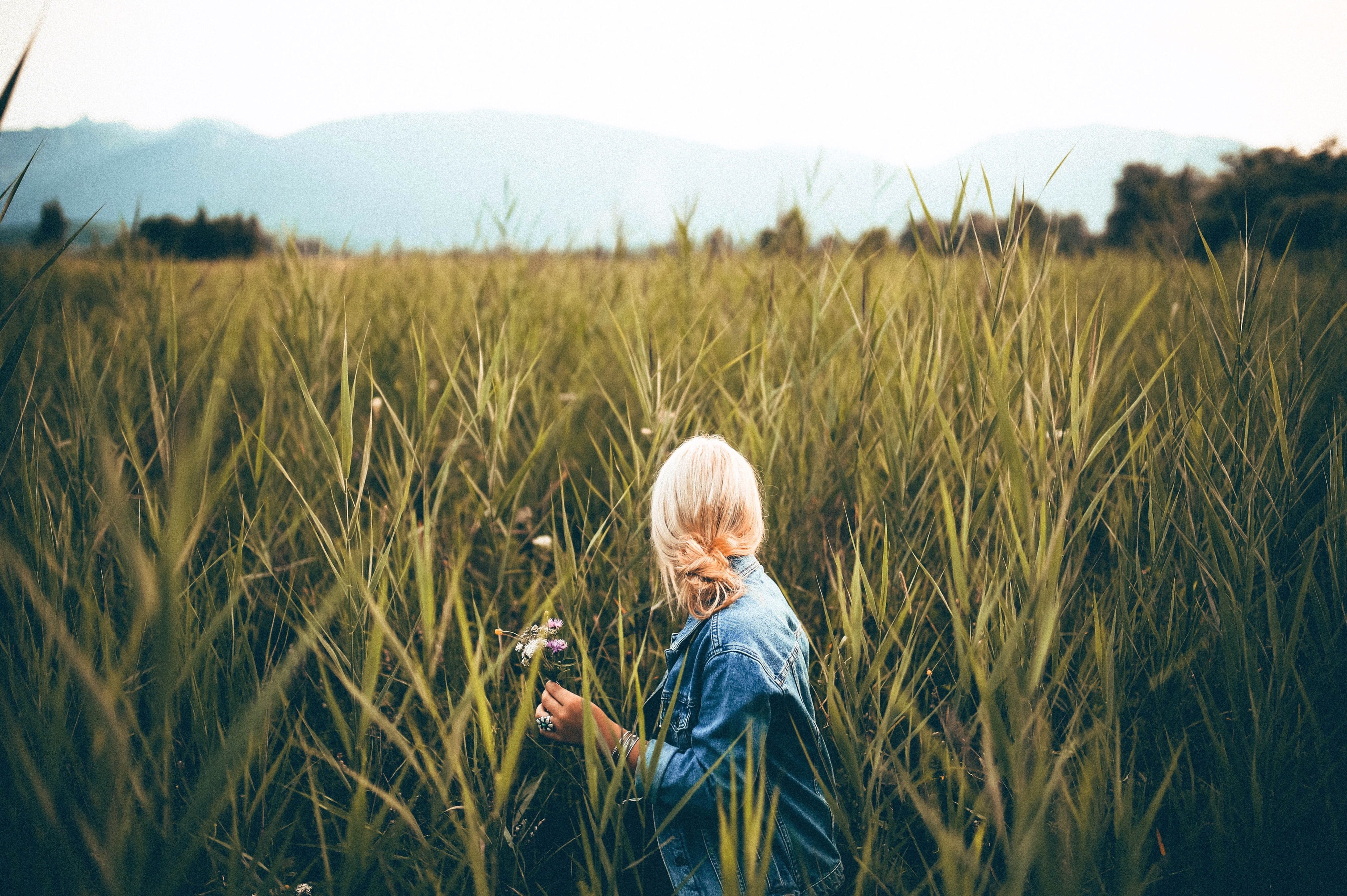 denim jacket, woman, blond hair, males, female, landscape, blur, back view, photoshoot, land, sky, childhood, focus, depth of field, hair, child, model, HD Wallpaper