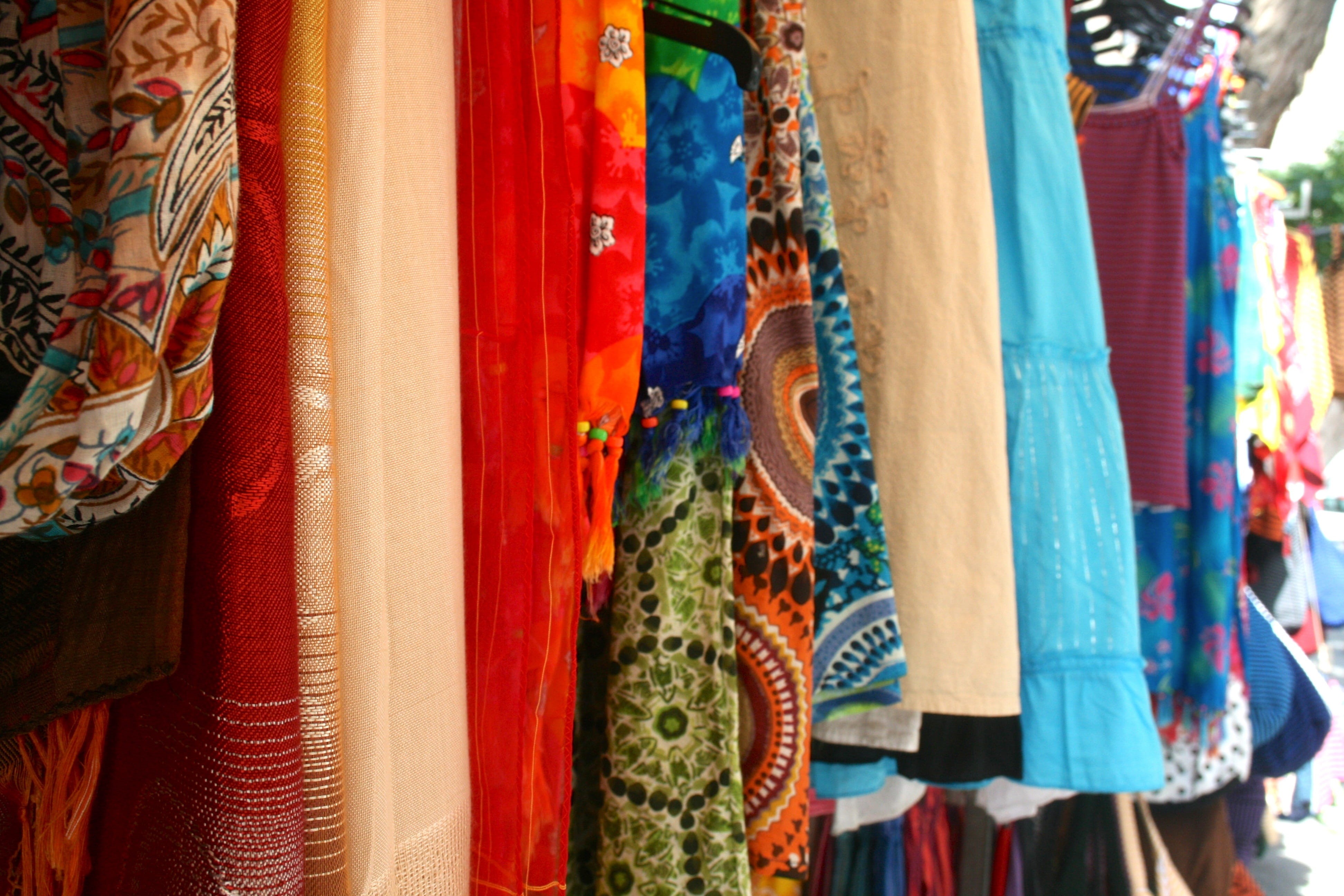 scarves, retail, multi colored, colourful, focus on foreground, clothing, Street Vendor, street, close-up, hanging, cloth, market, no people, variation, HD Wallpaper