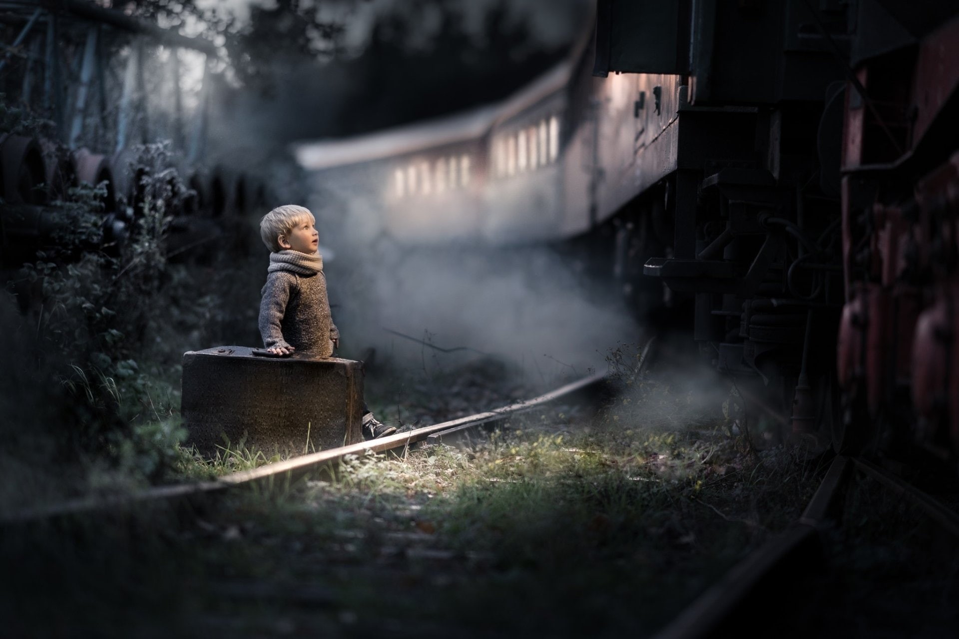 Little Boy, 1080P, Train, Photography, Child, Boy, Night, Suitcase, HD Wallpaper