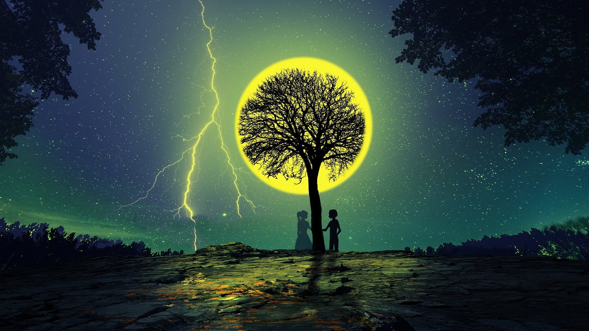 Lightning, Moon, Anime, Love, Night, Woman, 1080P, Couple, Tree, Man, HD Wallpaper