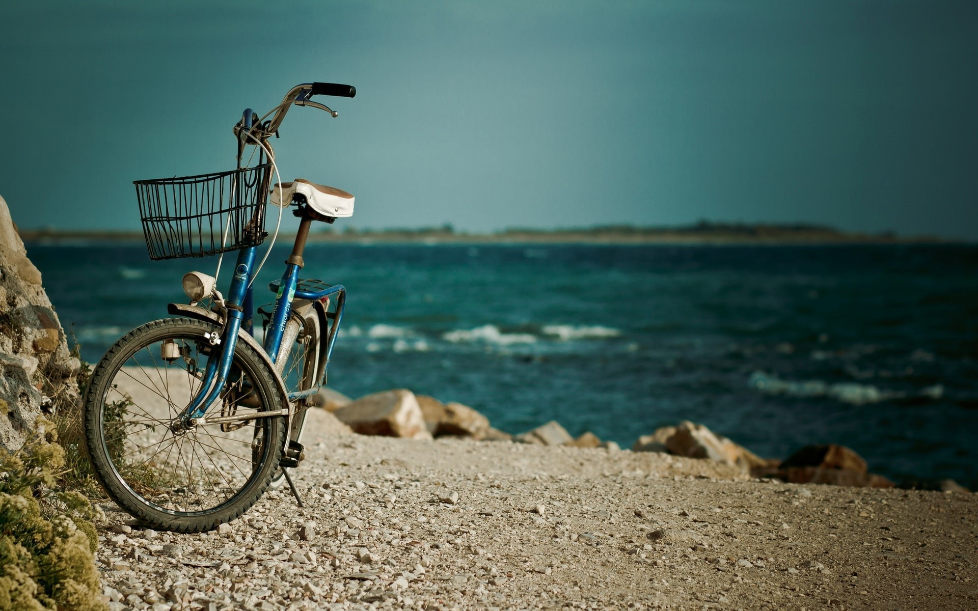 nature, 1080P, mood, basket, tranquility, tranquil scene, land, blue, land vehicle, river, stones, bicycle basket, water, bicycle, full screen, bike, day, HD Wallpaper