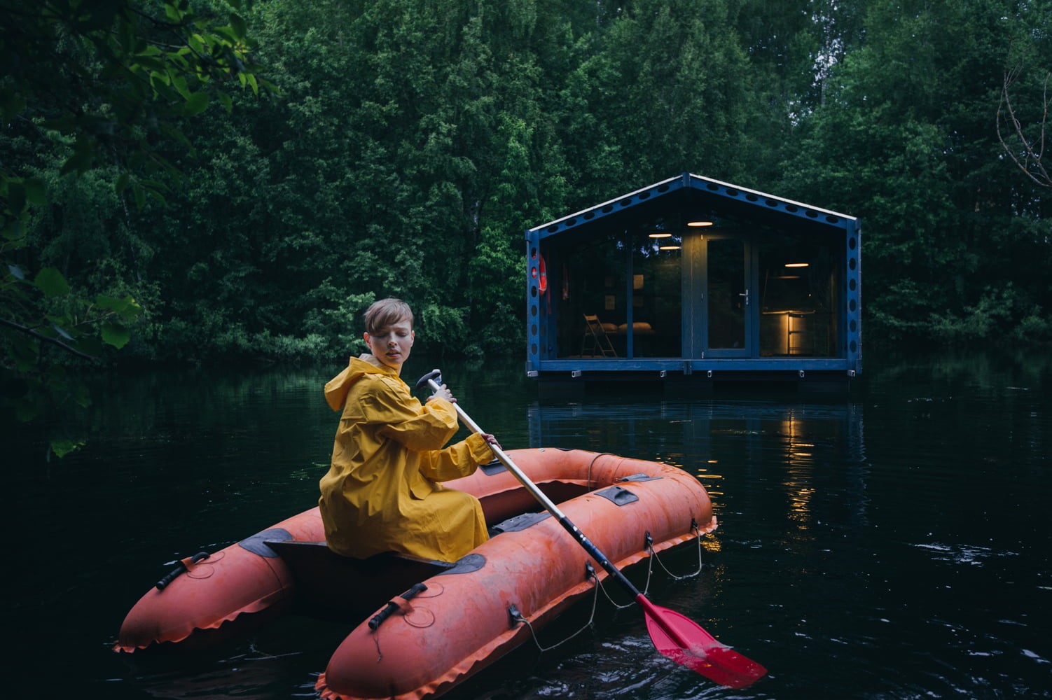 river, yellow raincoat, nature, 720P, lake, forest, cabin, HD Wallpaper