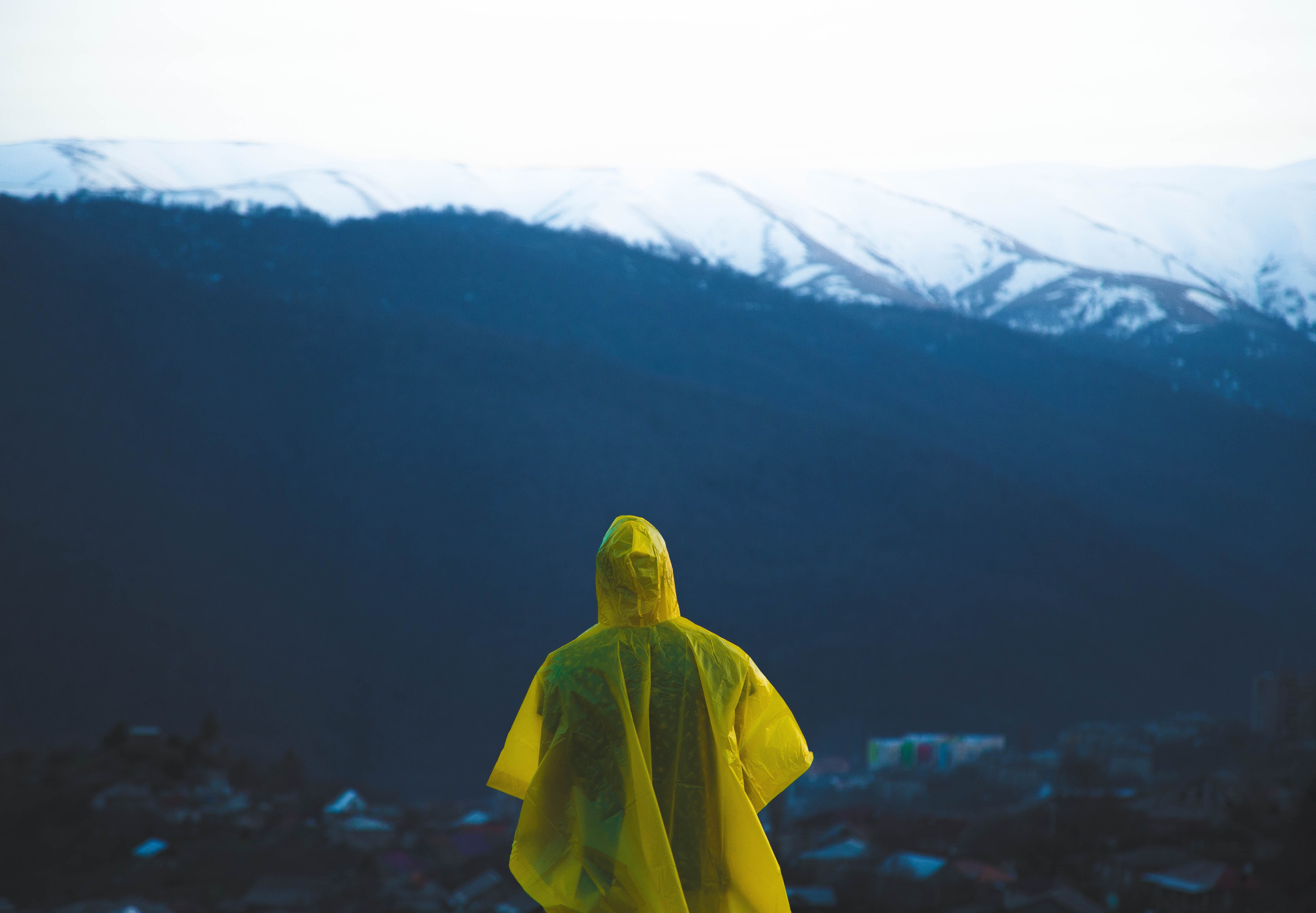 day, rain, yellow rain coat, mountain top, camping, daytime, looking out, wilderness, tranquility, 5K, beauty in nature, mountain, rear view, clothing, HD Wallpaper