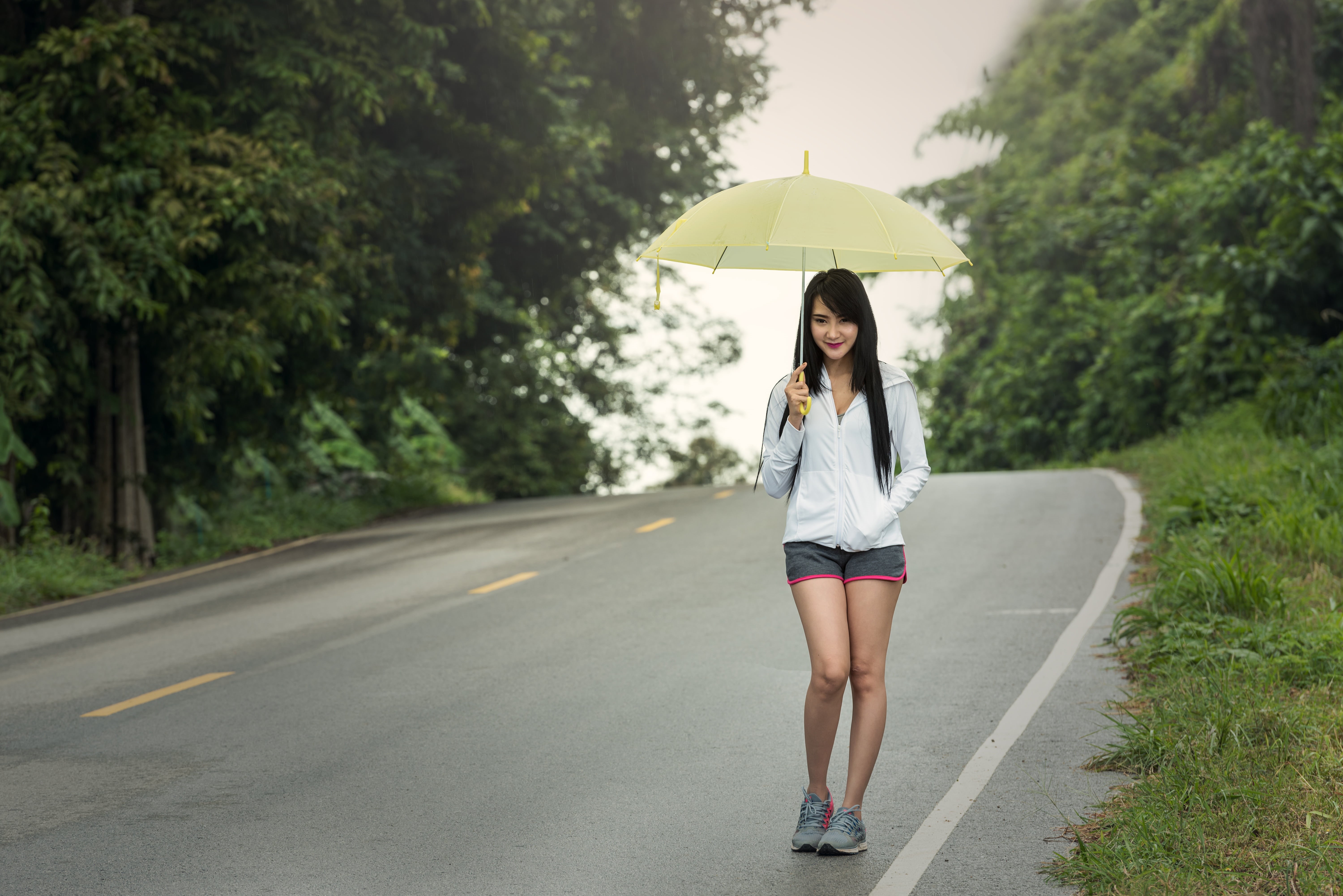 meteorology, 5K, waiting, transportation, frankly, young, hairstyle, shelter, pulling, alley, females, people, adult, road, tree, asian Ethnicity, rain water, HD Wallpaper