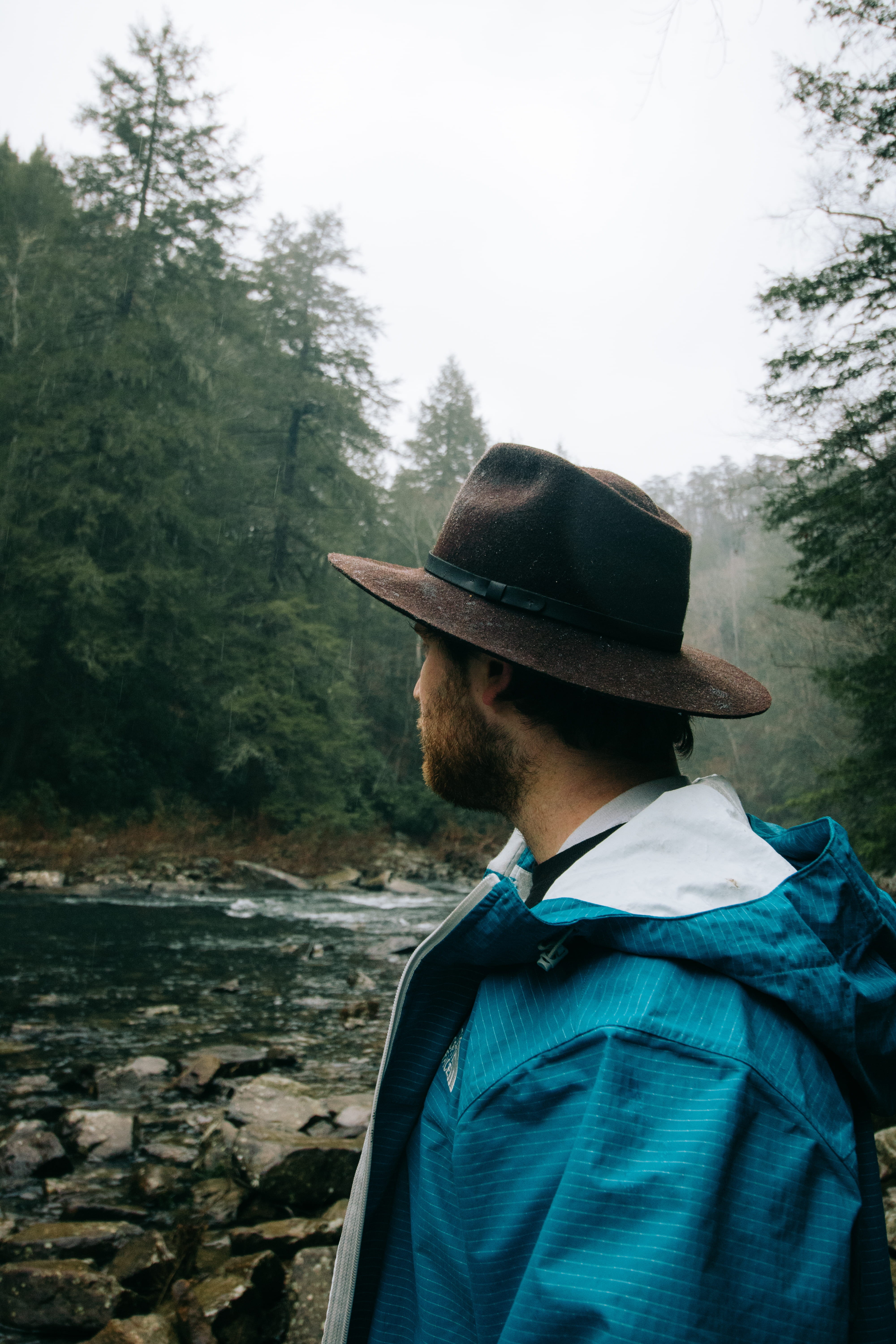 blue coat, ooutdoors, men, portrait, one person, forest, real people, anonymous, looking, young men, river, plant, rain, standing, young adult, raining, Phone HD Wallpaper
