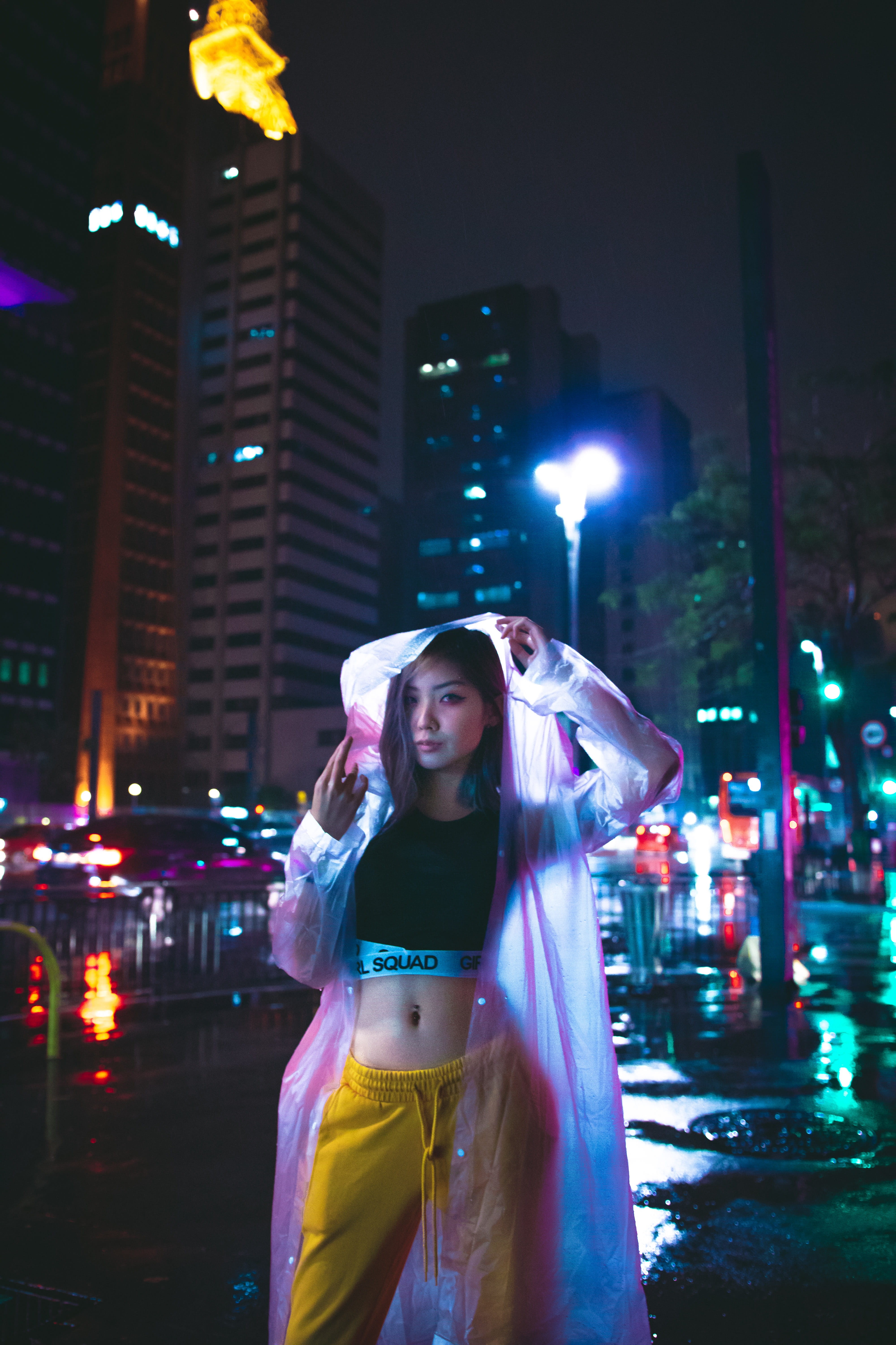 urban, architecture, raincoat, three quarter length, women, front view, night, city, looking at camera, lifestyles, building exterior, portrait, style, Phone HD Wallpaper